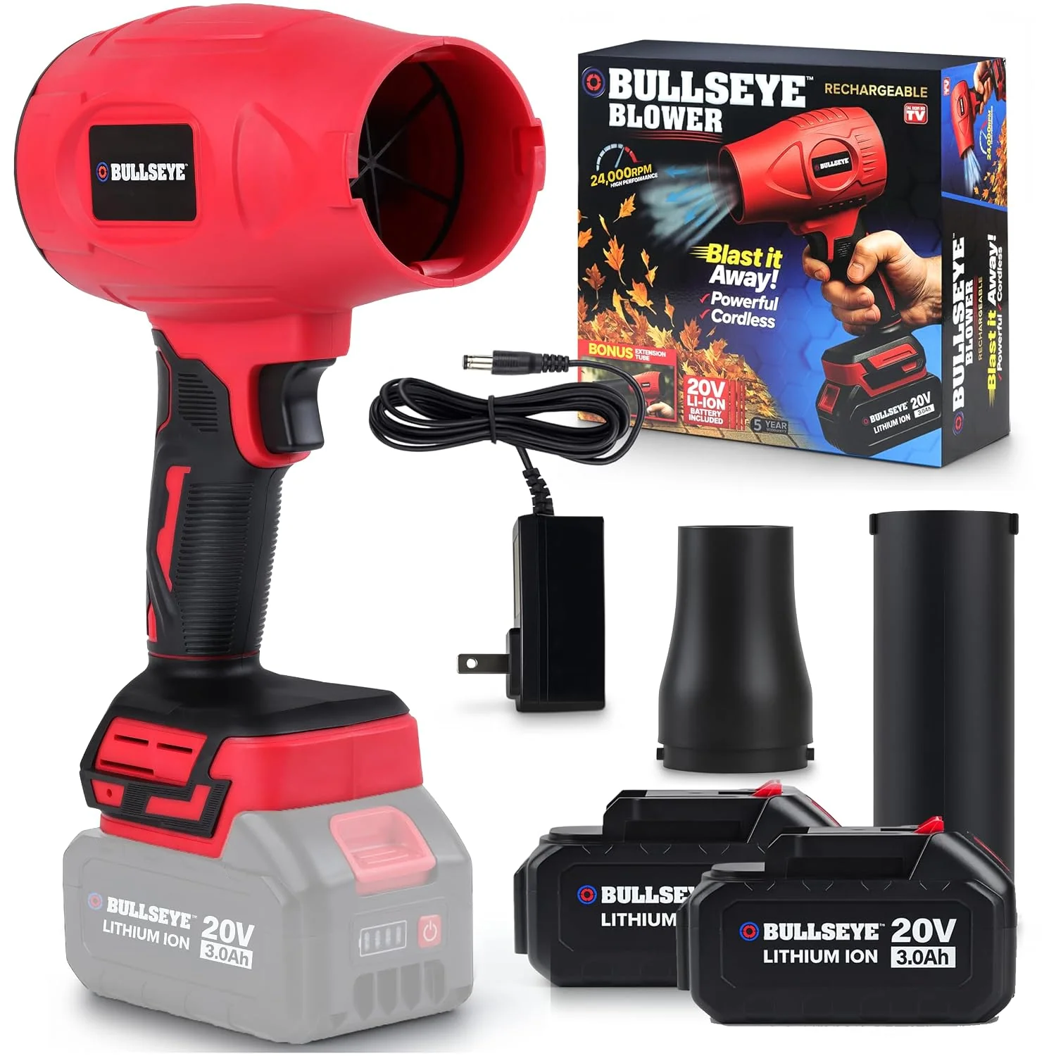Bullseye Blower Cordless Leaf Blower, Handheld Turbo Jet with 2 Batteries, 20V 350W Electric Air Power for Patio, Garage Cleaning and Car Drying, As Seen on TV