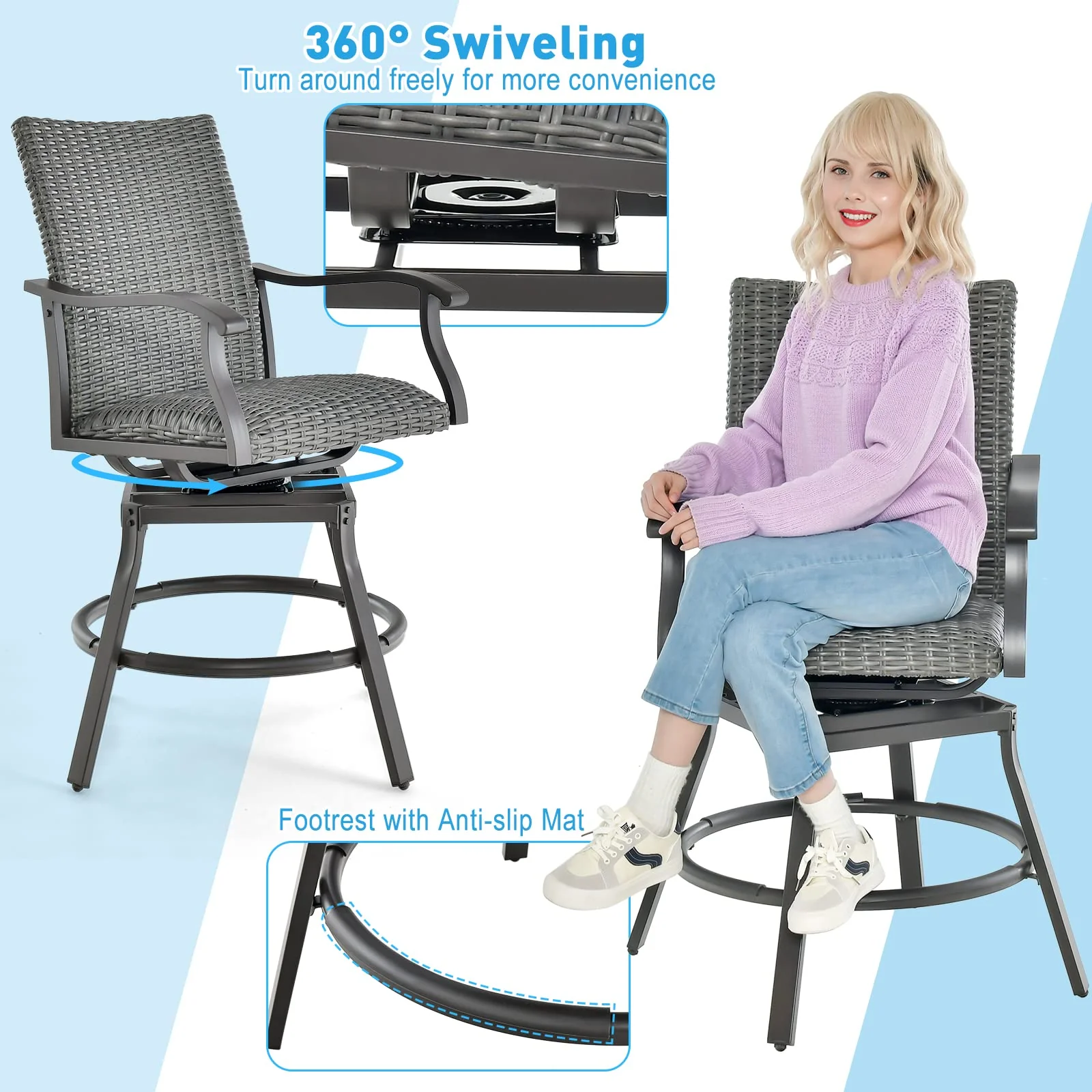 Tangkula Patio Swivel Bar Chairs Set of 2, Aluminum 360 Swiveling Bar Height Chair with 4D Air Fiber Cushion