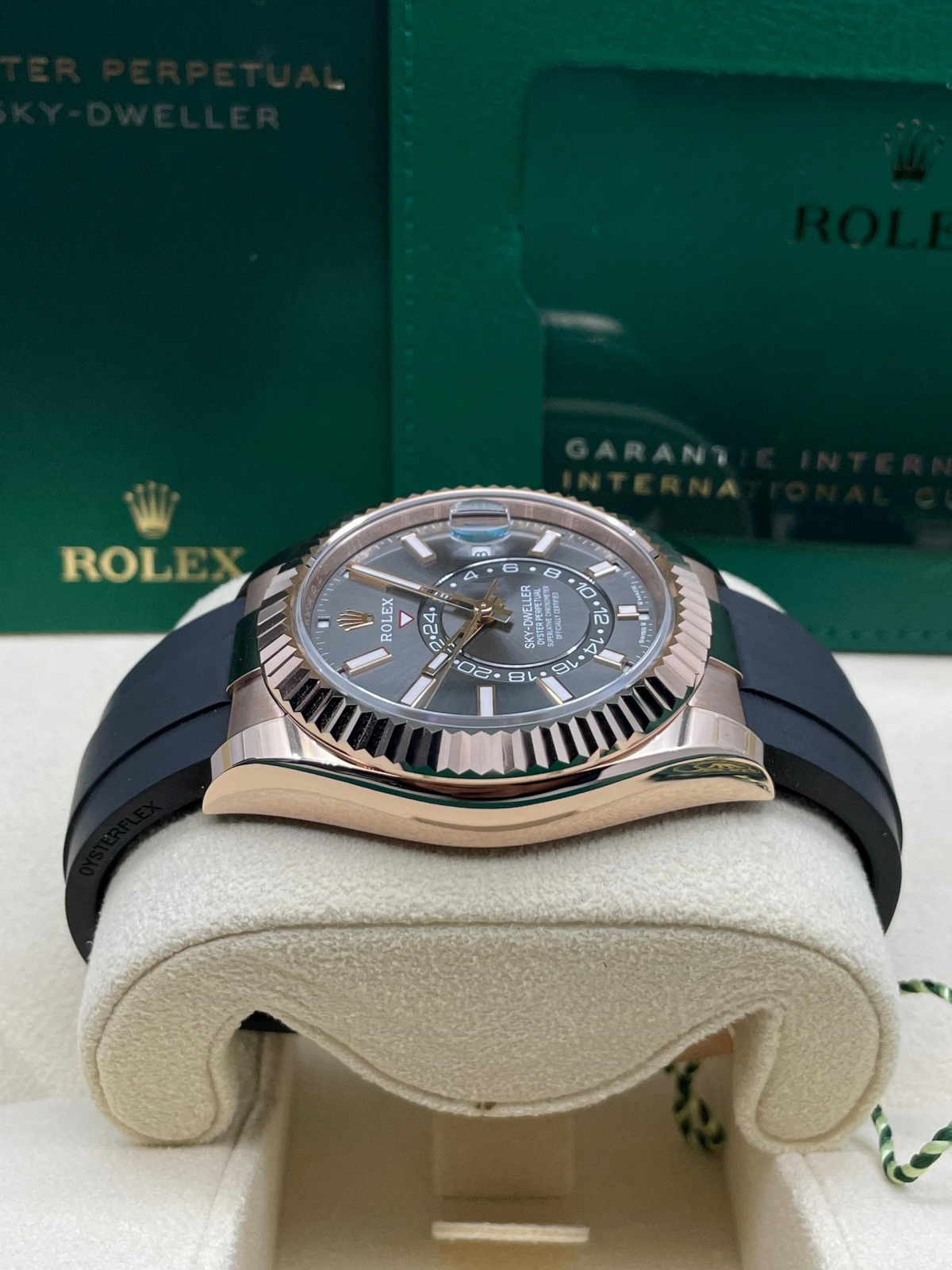 [Super Clone]RLX  Sky-Dweller 42mm Rose Gold Slate Dial Oysterflex - 336235