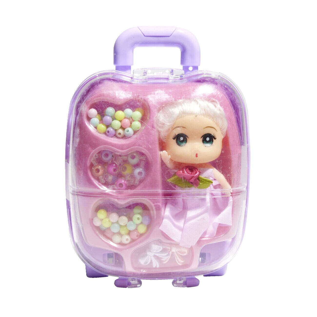 Mini poupée avec perles dans valisette H17,5cm