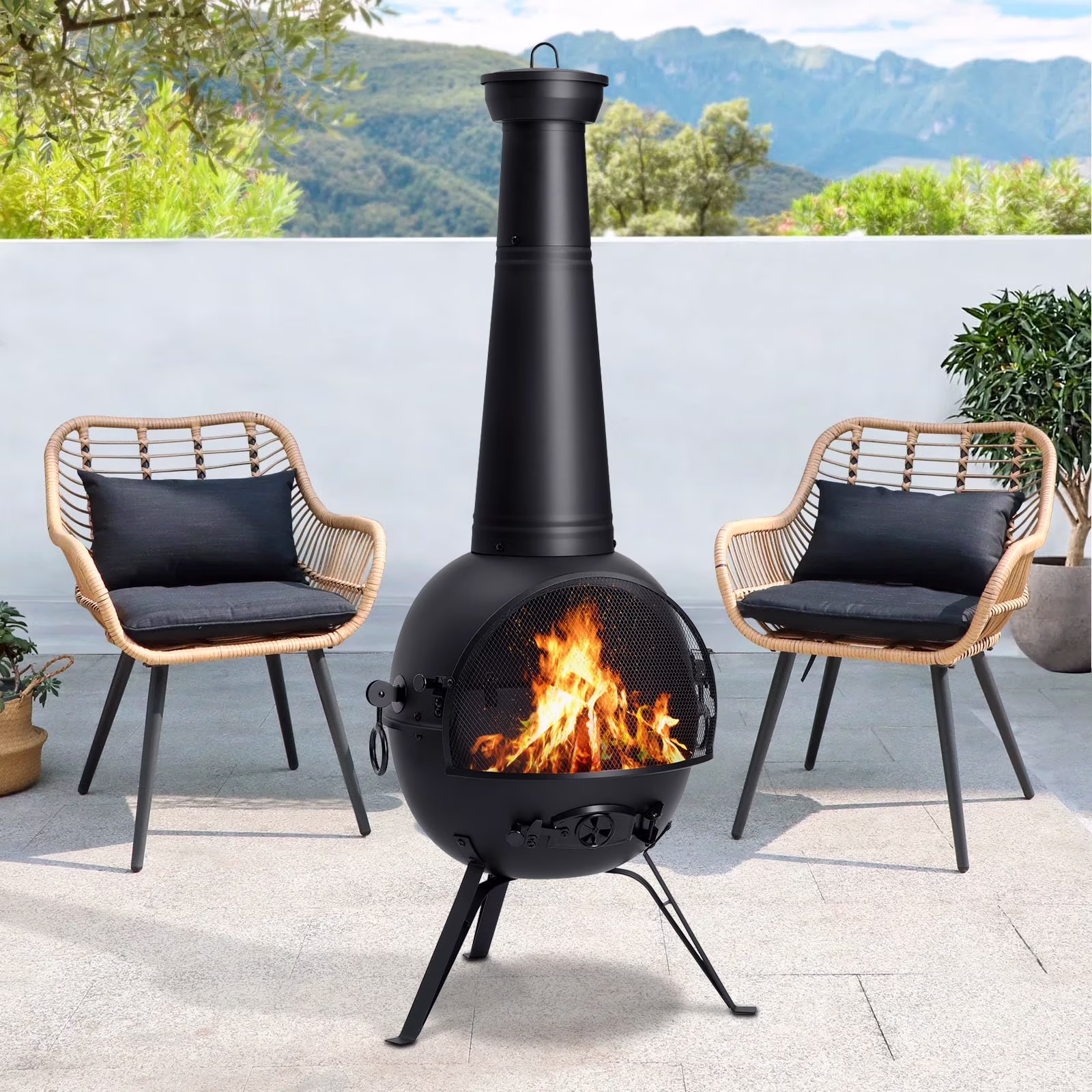 54.5in Fire Pit Chiminea Outdoor Fireplace Cast Iron Fireplace for Outside Garden Treasures Cast Iron Wood Burning Firepit Outdoor Heating with Log Grate, Poker and Cover