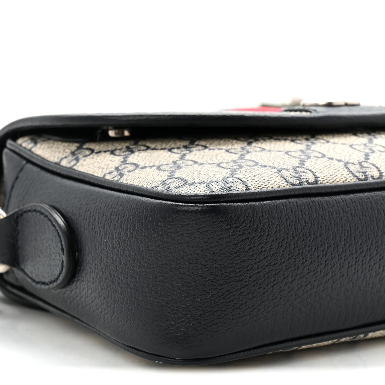 GG Supreme Monogram Textured Dollar Calfskin Web Studded Mini Ophidia Flap Shoulder Bag Beige Blue