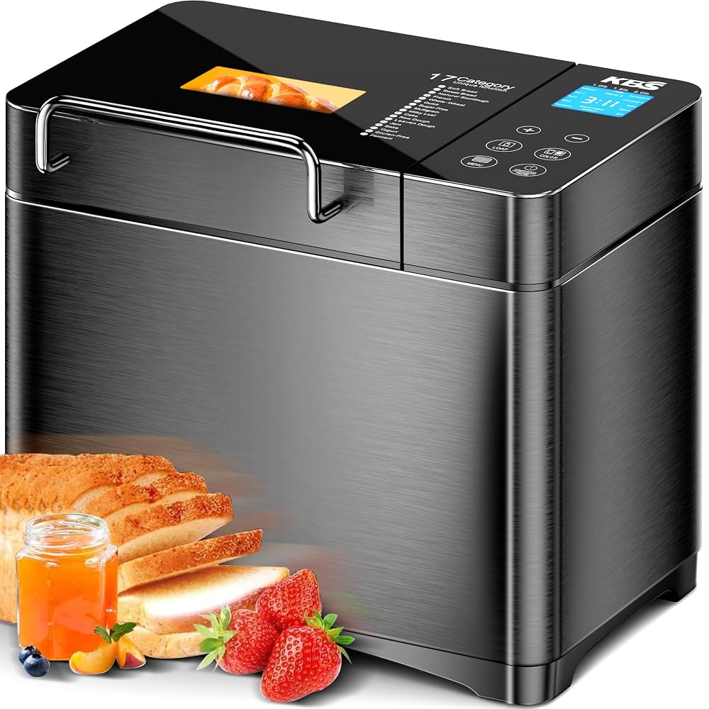 KBS Premium 2.2LB Convection Bread Maker Dual Heaters, 710W Stainless Steel 17-in-1 Bread Machine Healthy Ceramic Pan, Nut Dispenser,Touch Panel,3 Loaf Sizes 3 Crust Colors,15H Timer,Low Noise,Recipes