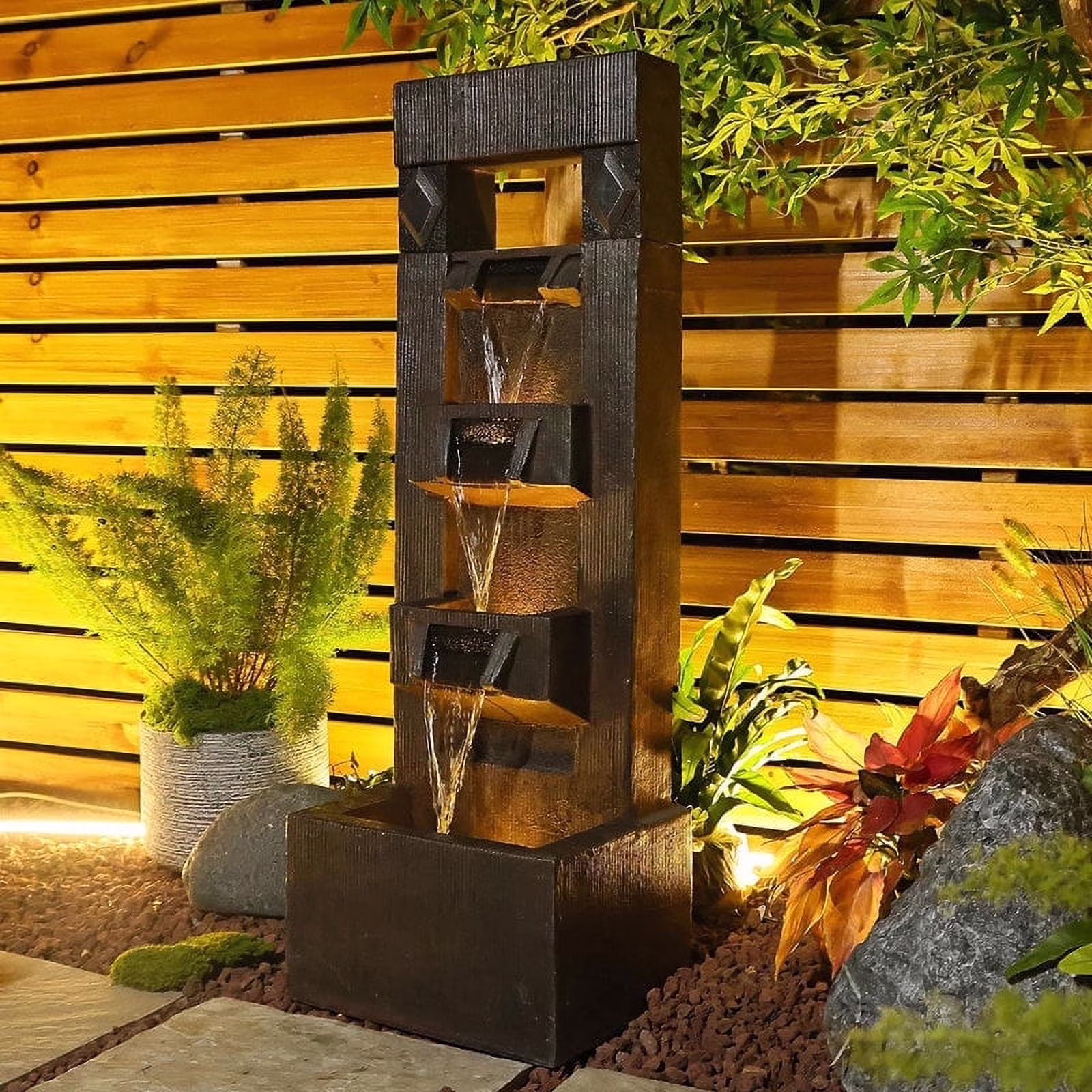 Outdoor Fountains and Indoor Waterfalls 4 Floor - Standing Water Fountain Outdoor with LED Lights for Garden, Living Room, Patio, Home Decor