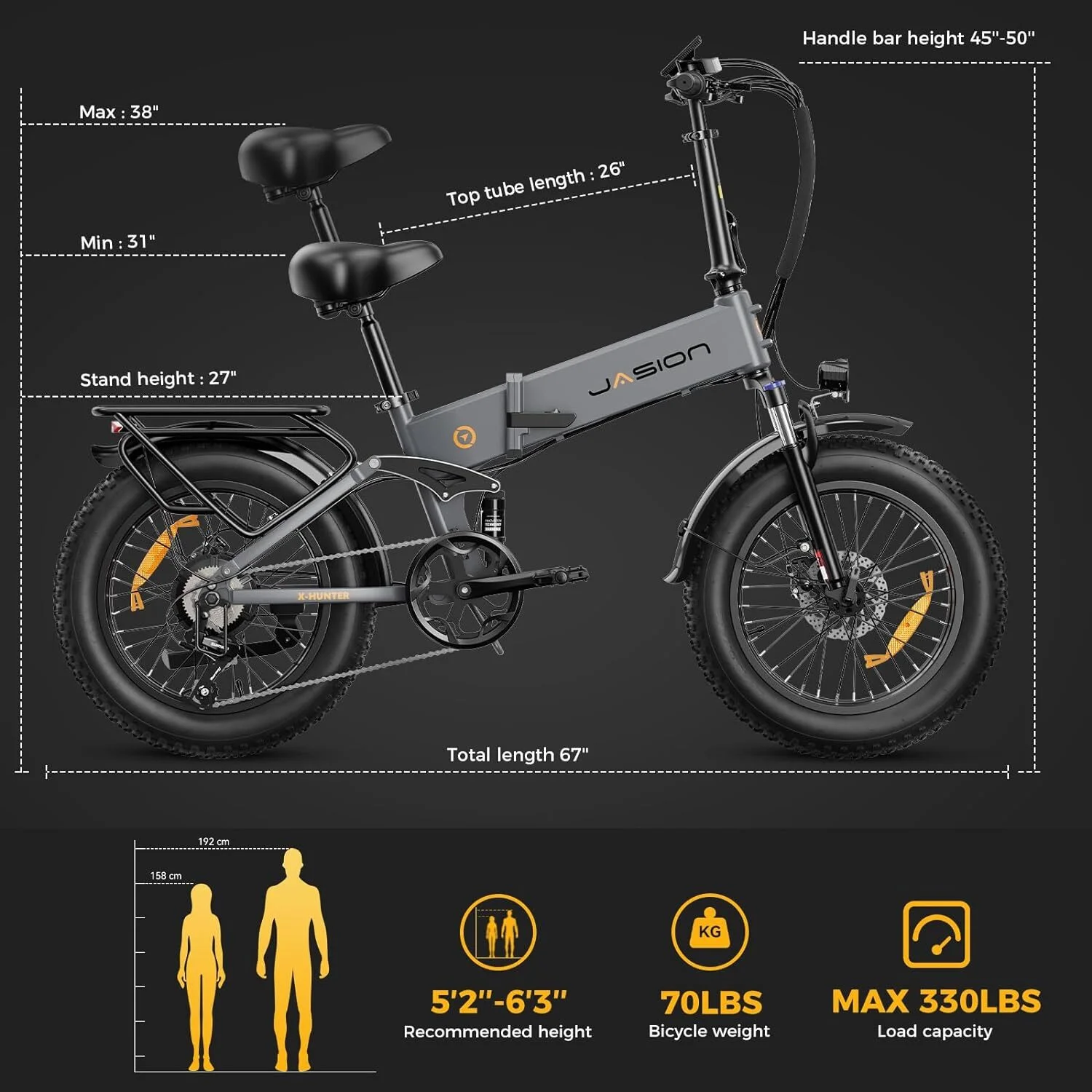 X-Hunter Electric Bike for Adults, 750W Motor Electric Bicycle with 48V 13AH Removable Battery, 20" x4.0 Fat Tire Folding Ebike, Full Suspension, 7-Speed Bicycles(Gray X-hunter) - Image 10