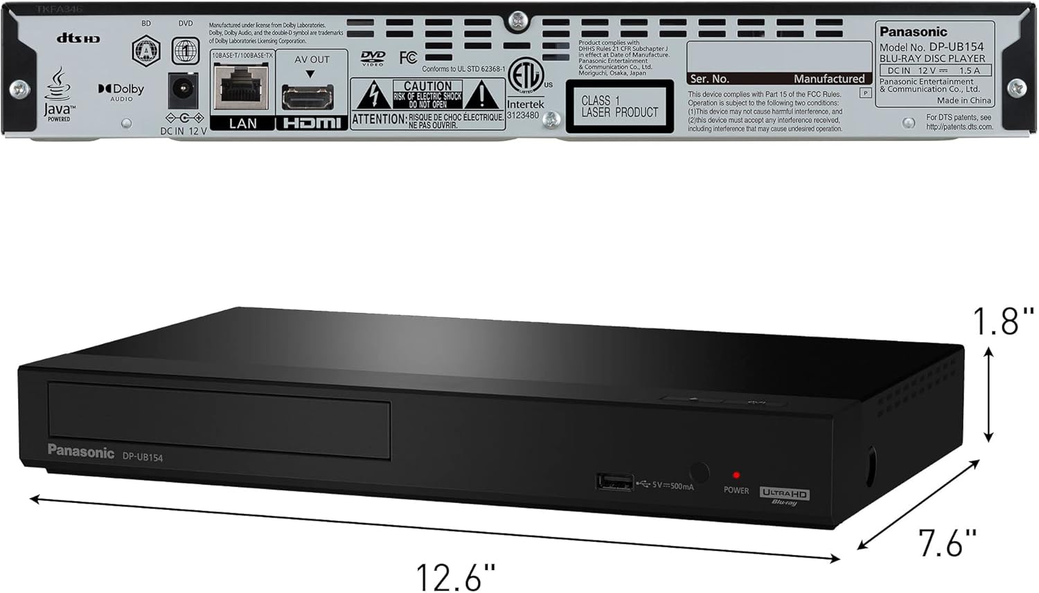 Panasonic 4K Blu Ray Player  Ultra HD Premium Video Playback and Hi-Res Audio - DP-UB154P-K DVD Player (Black)