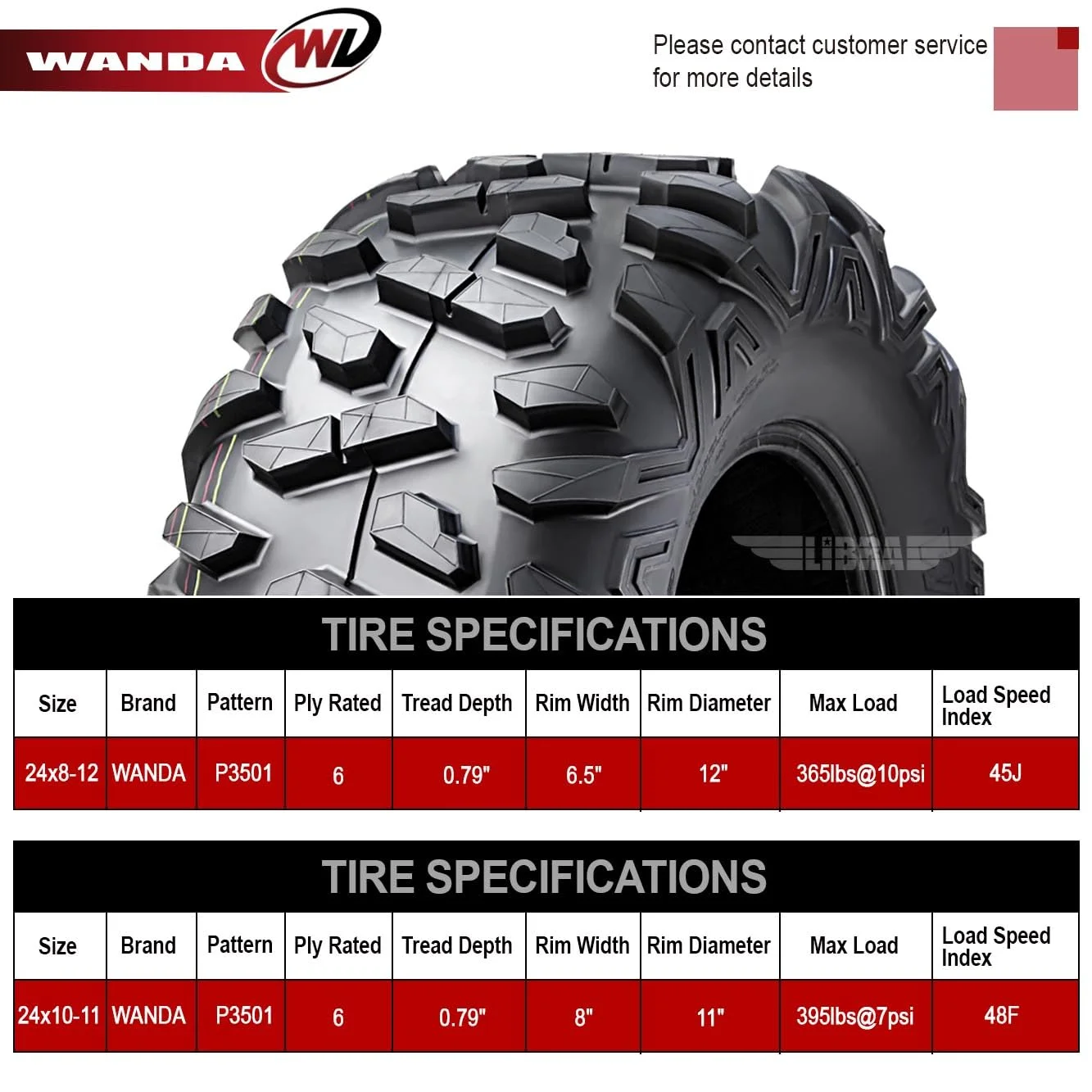 WANDA Set of 4 All-Terrain ATV Tires 24x8 - 12 Front & 24x10 - 11 Rear 6PR Bighorn Style Solid Deep Tread