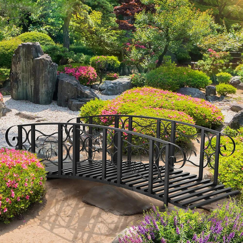GVN Bridge, Garden Bridge,Metal Arch Backyard Garden Bridge with 660 lbs. Weight Capacity, Safety Siderails, Black