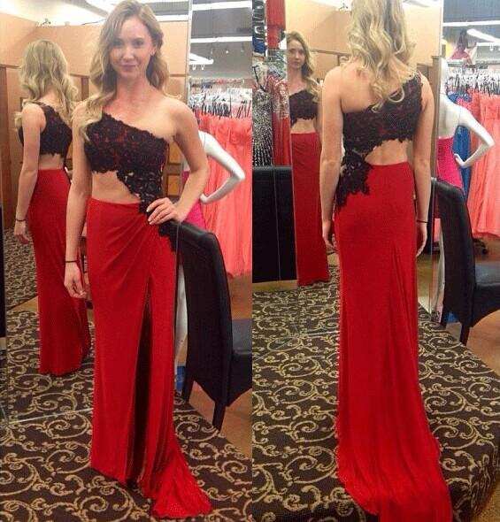 Black Lace One Shoulder Red Sexy Prom Dress,Long Party Dresses DME54