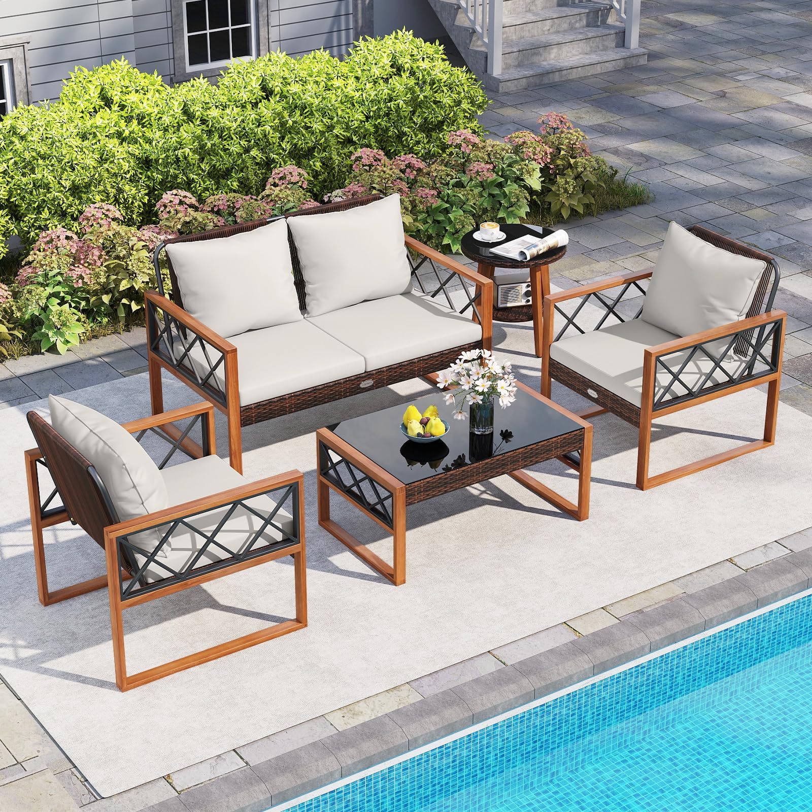 Tangkula 5 Pieces Wicker Patio Conversation Furniture Set