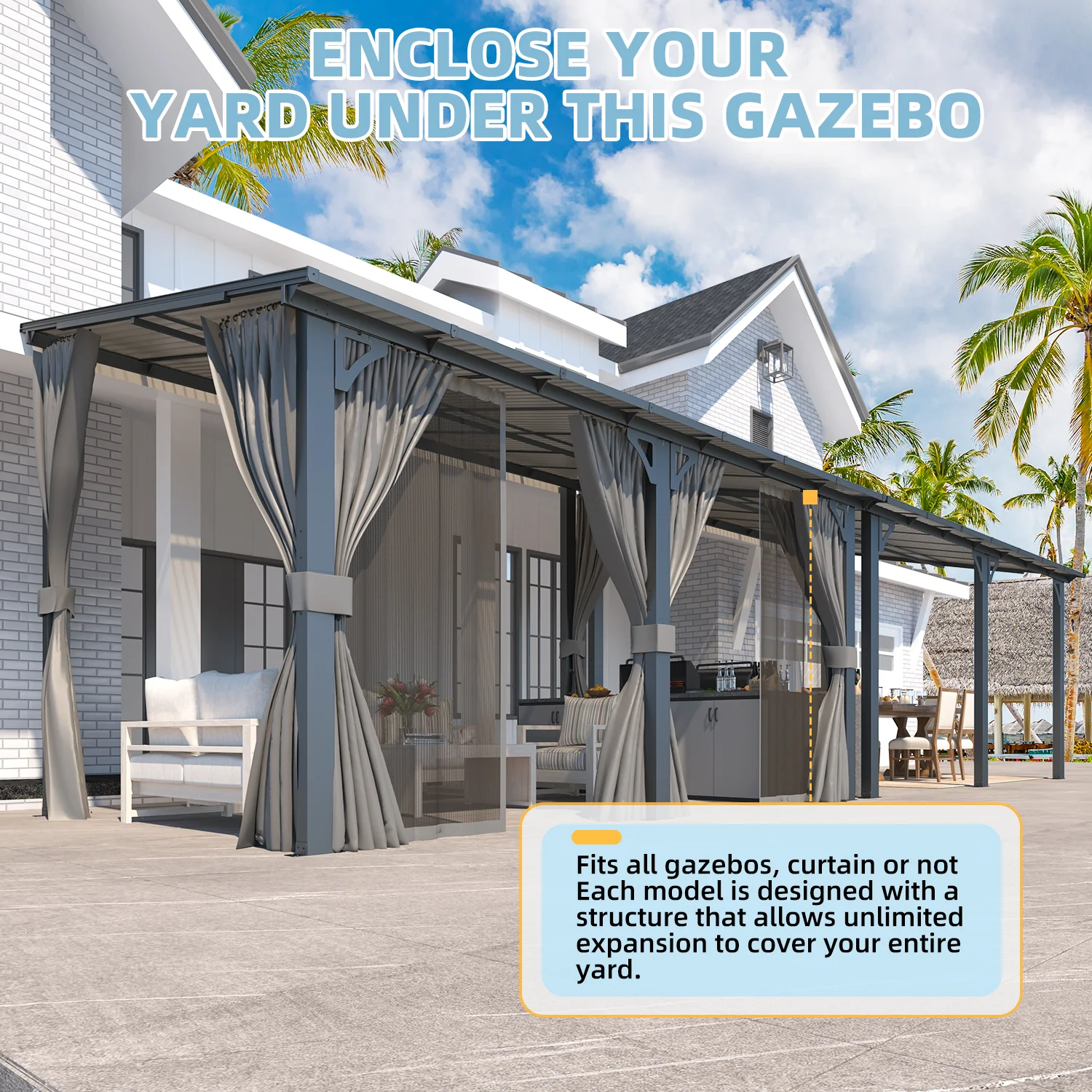 AECOJOY 14'x8' Wall Gazebo with Curtains and Mosquito Netting, Gray