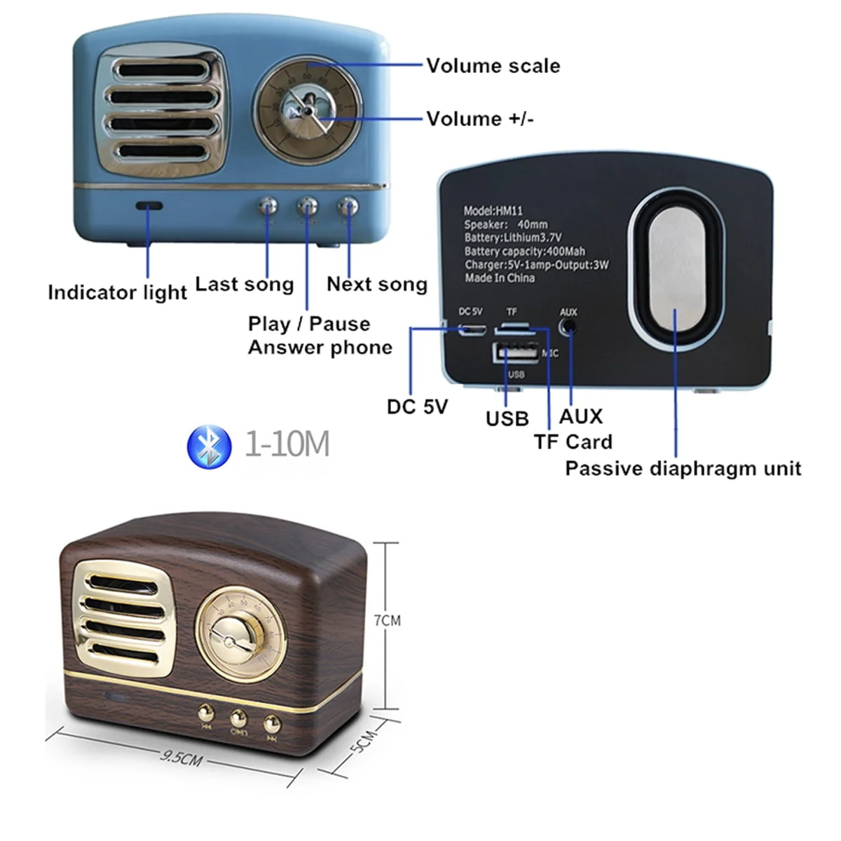 80s Style Retro Vintage Mini Bluetooth Speaker | Small and Easy to Carry White Image 3