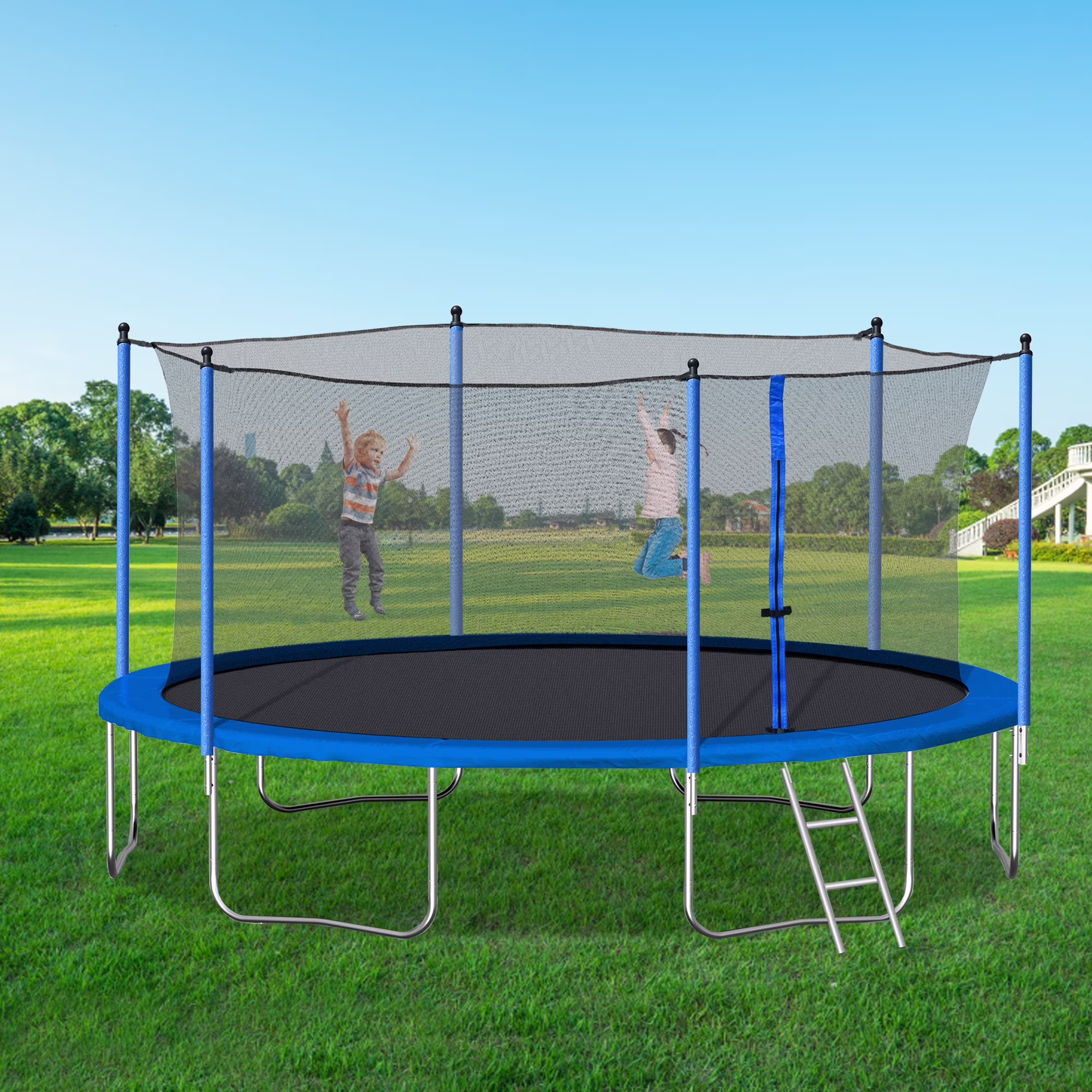 14FT Outdoor Trampoline with Safety Enclosure, Steel Tube Frame, Ladder & Secure Net - Heavy Duty, Blue