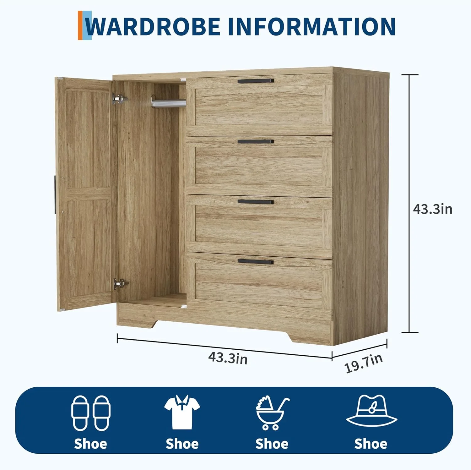 43.3" H Armoire Wardrobe Closet with 4 Drawers Hanging Rod, Multifunctional Wood Storage Cabinet for Bedroom, Natural Oak(Natural Oak) - Image 4
