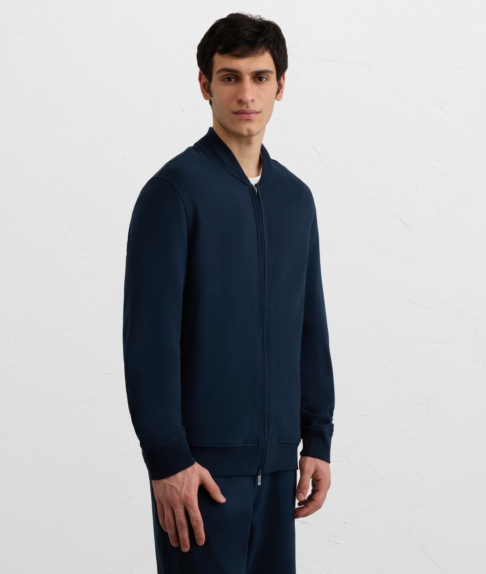NAVY BLUE PEACH EFFECT COTTON BOMBER SWEATSHIRT WITH ZIP AND EMBROIDERY