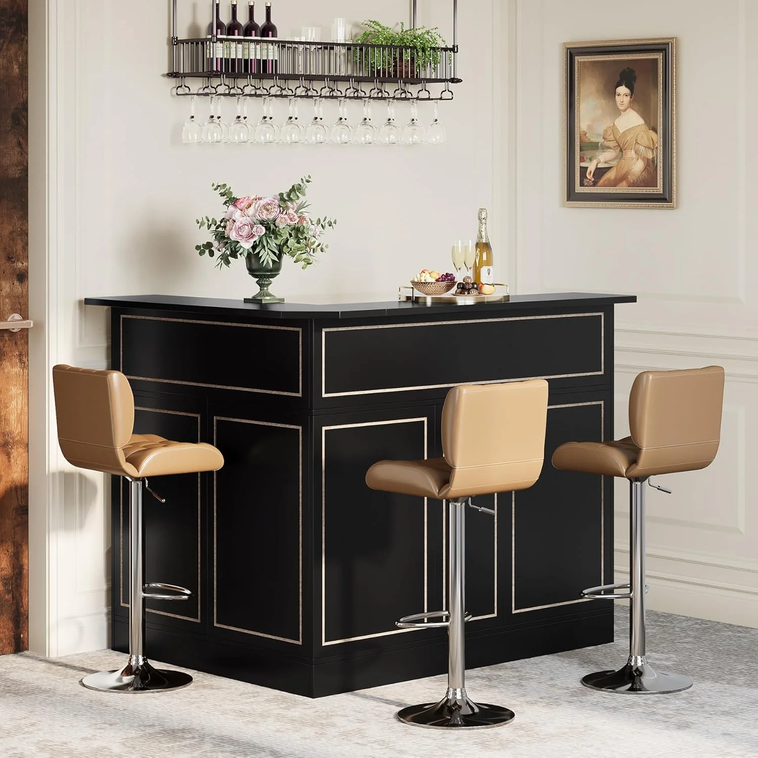Bar Cabinet, L-Shaped Home Bar Table with Stemware Racks(Black) - Image 8