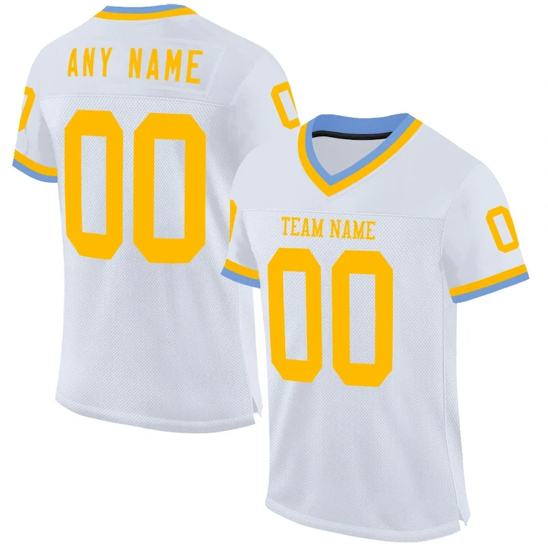Custom White Gold-Light Blue Mesh Authentic Throwback rugby jersey