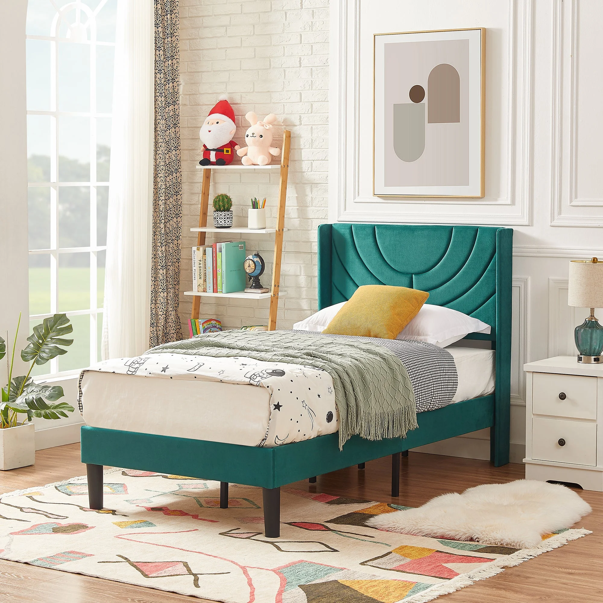 Set of 2 Twin Bed Frames, Modern Upholstered Platform Bed Frame with Tufted Headboard, No Box Spring Needed, Dark Green(Style C/Dark Green) - Image 4