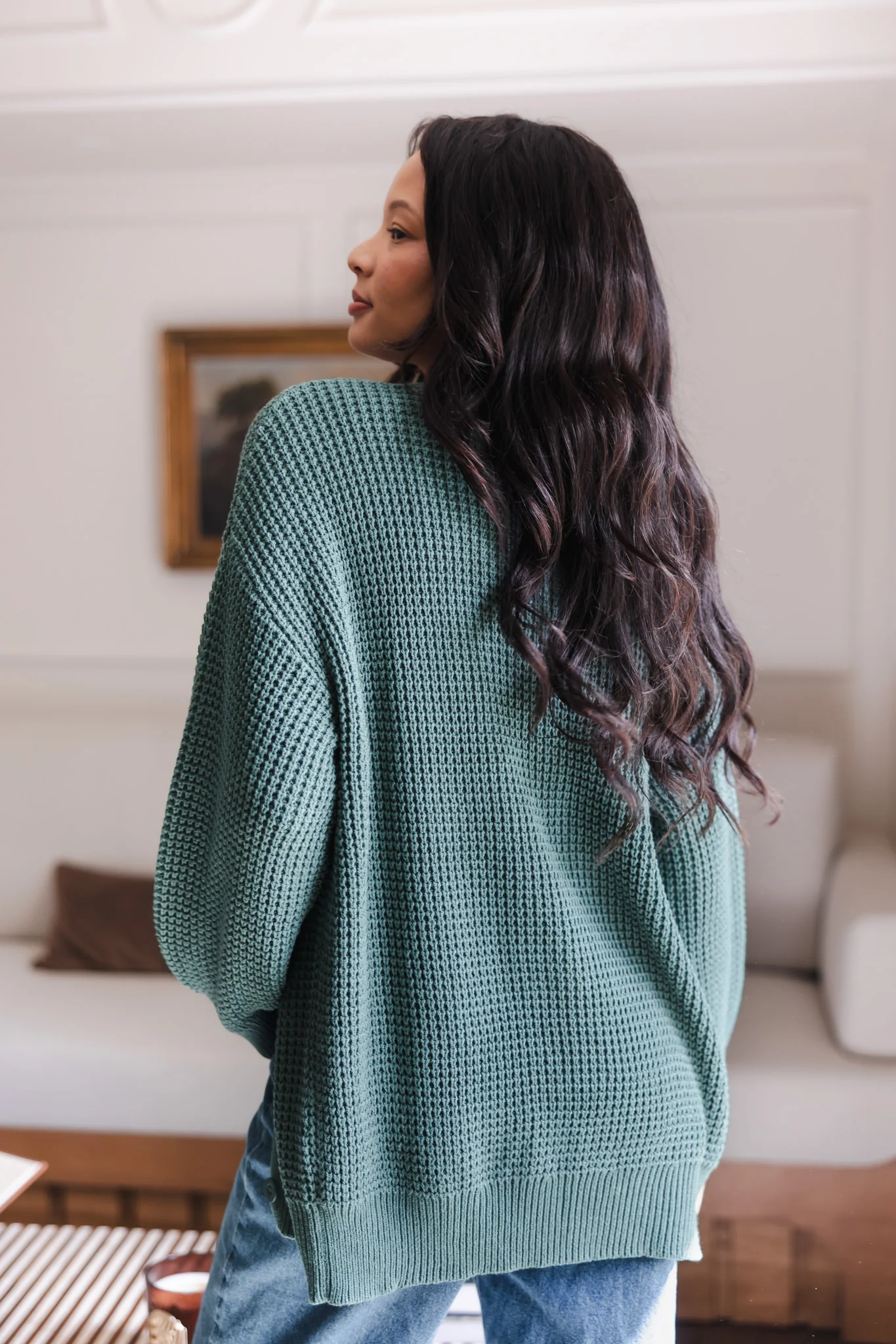 Chunky Knit Women's Waffle Cardigan in Pine