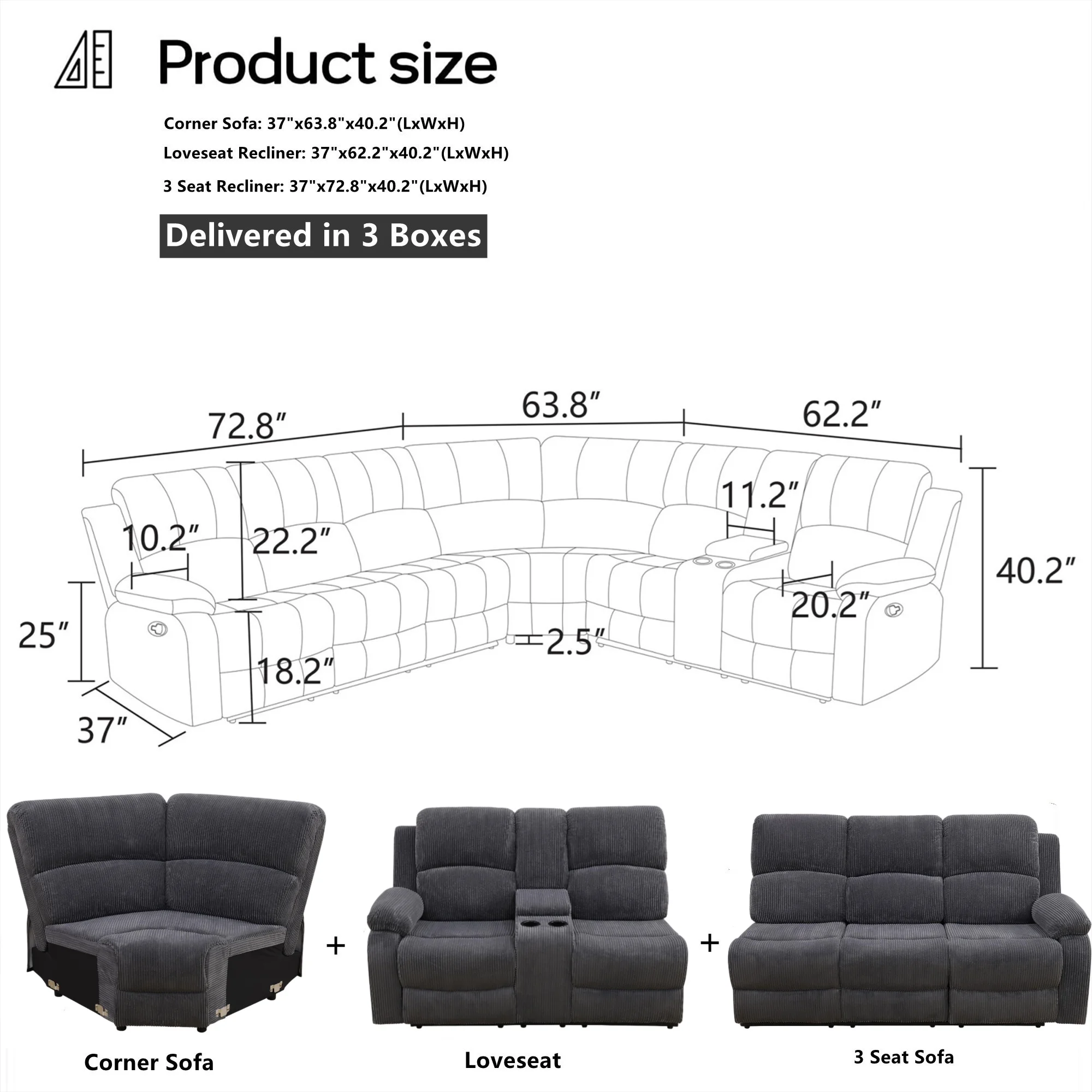 3-Piece Recliner Sofa Set, 6 Seat Sectional Couch with Cup HoldersStorage Console, Gray(Gray|Corduroy) - Image 2