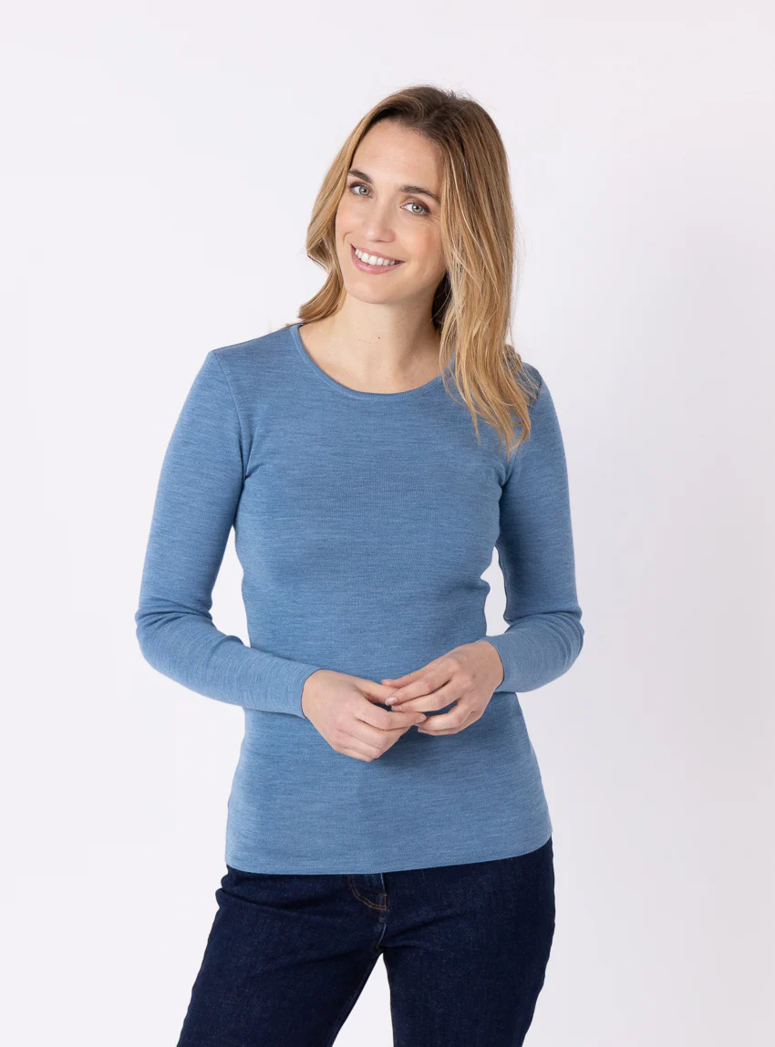 Tee-shirt thermique manches longues femme en laine merinos bleu nordique