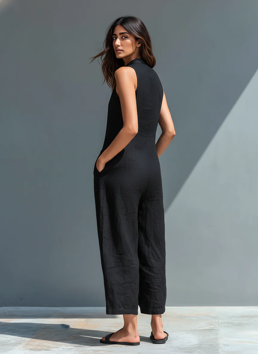 Claudia | Mono minimalista de lino para mujer, sin mangas, cuello alto y botones