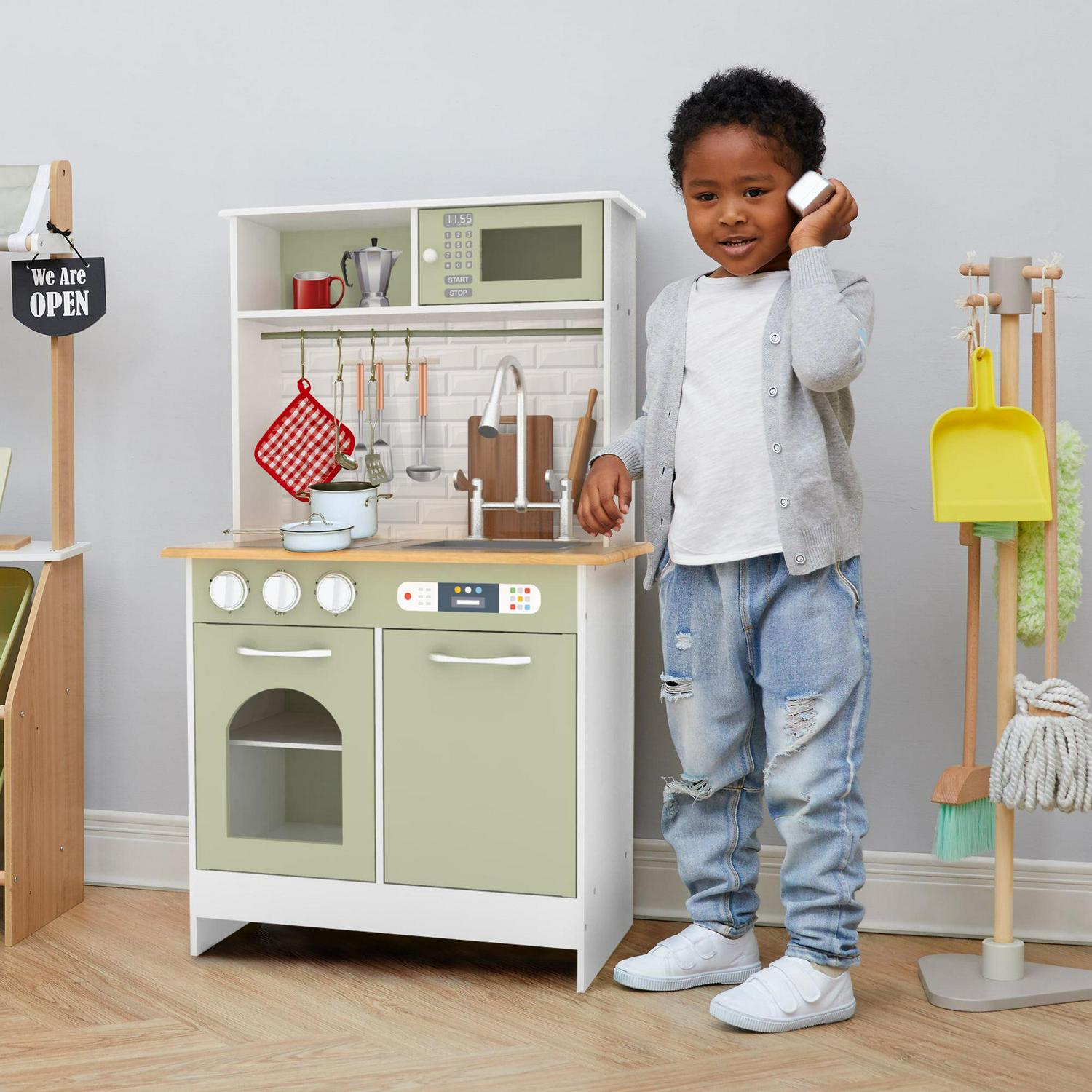 Teamson Kids Little Chef Boston Modern Kitchen Playset. 9 Pcs Acc Set. Oven. Microwave. Burner. Sink. White/Green