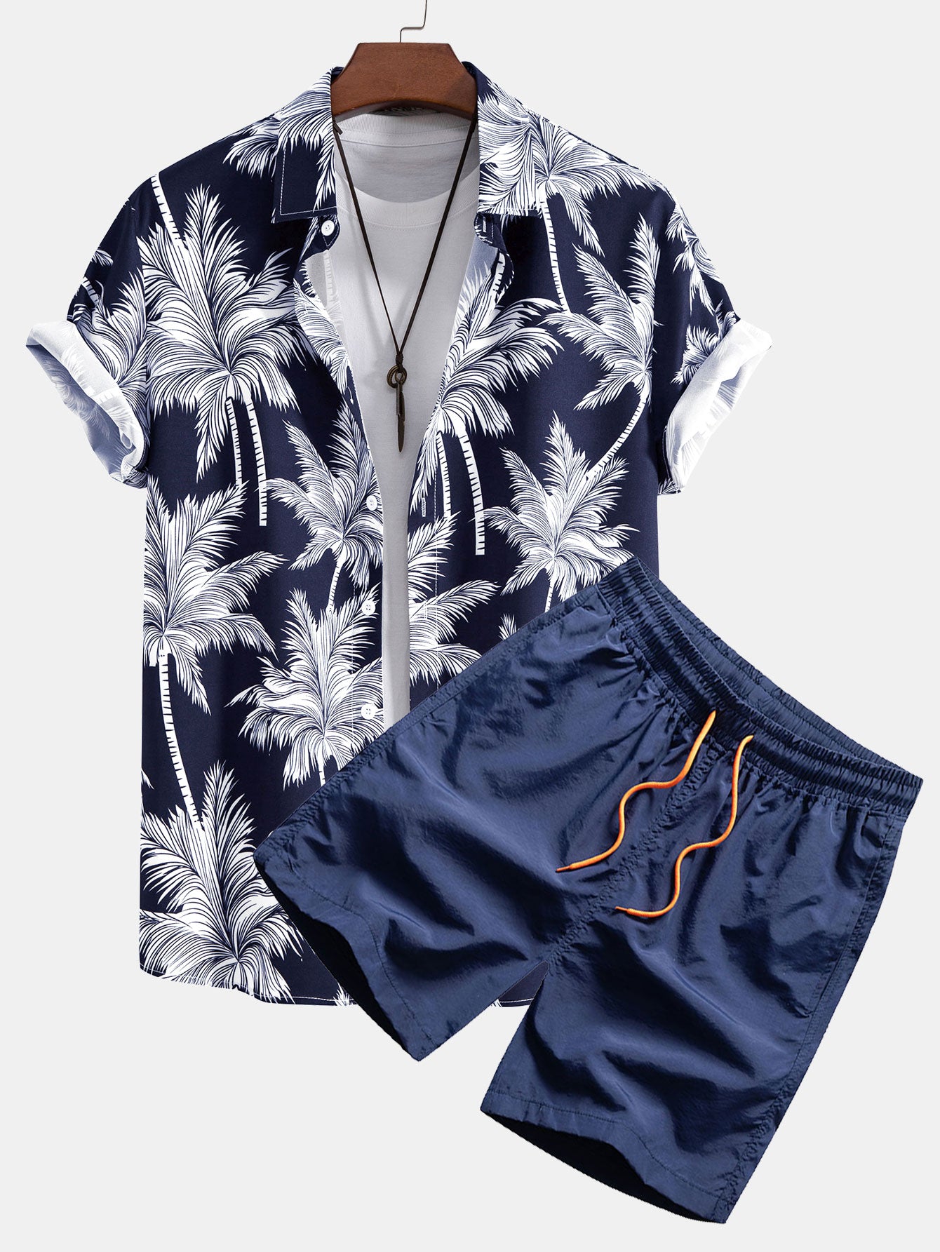 Chemise boutonnée à imprimé palmiers et short de bain