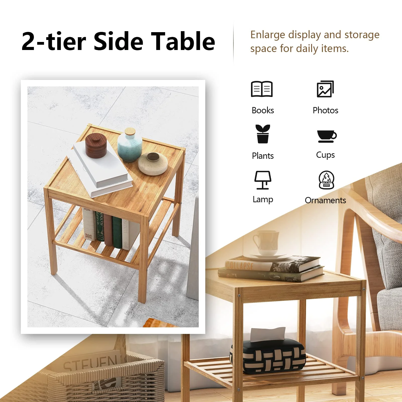 Tangkula Bamboo Nightstand Set of 2