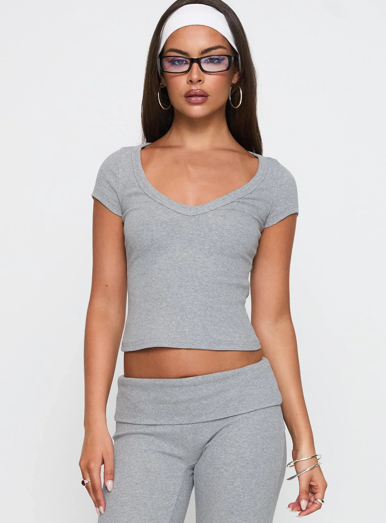 Lovely Day V Neck Top Grey Marle