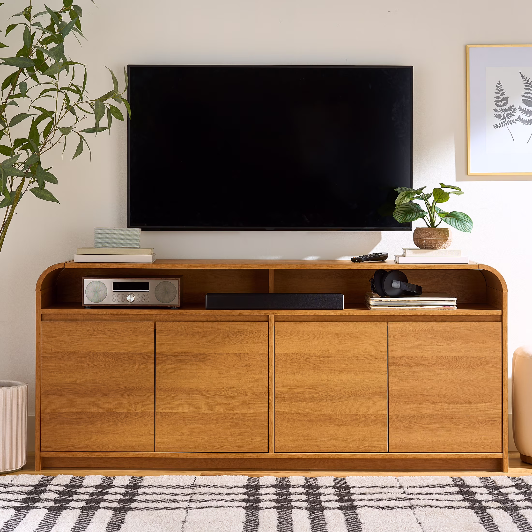 Better Homes & Gardens Juliet Curved TV Stand for TVs up to 75, Light Honey Finish