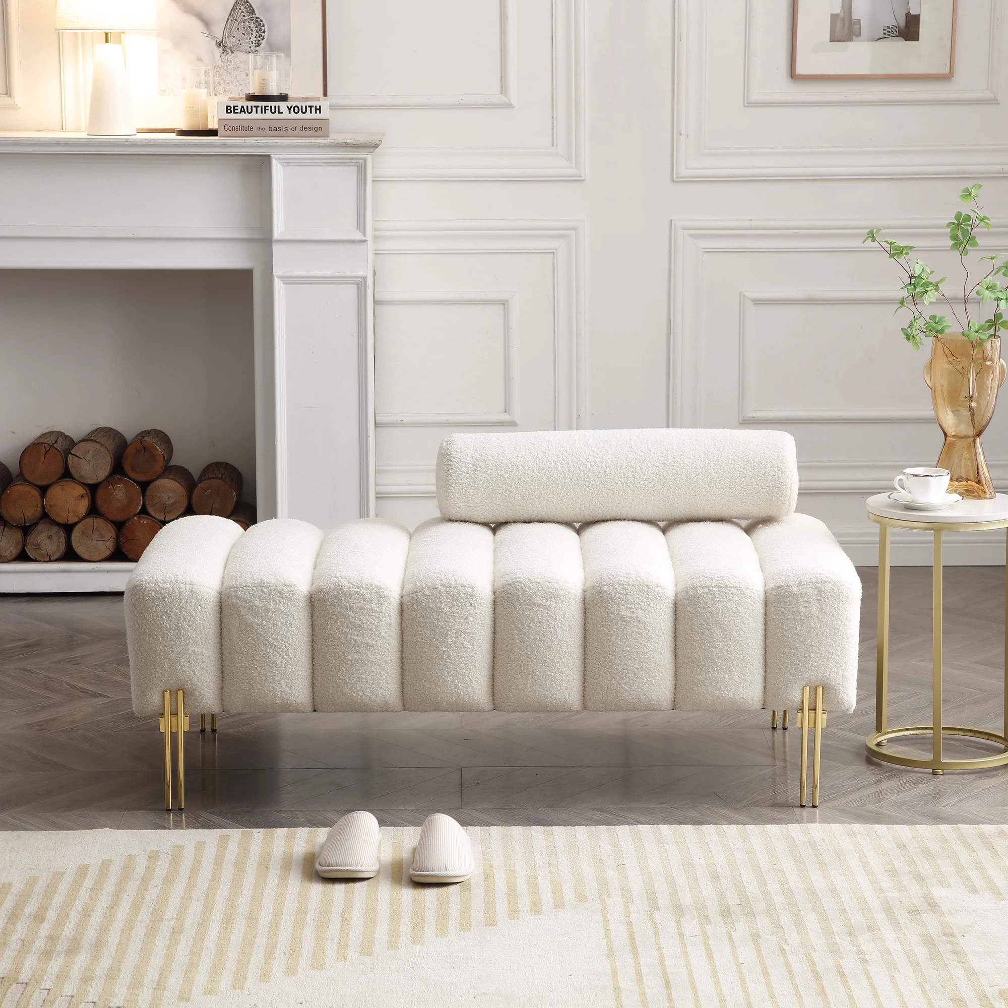 Sherpa Upholstered Indoor Bench, White(White) Image 2