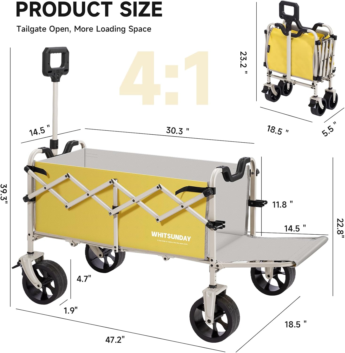 Collapsible Folding Wagon Cart, Heavy Duty Utility Wagons with Tailgate & Wheels, Portable Utility Cart for Camping, Garden, Beach, Sports Yellow