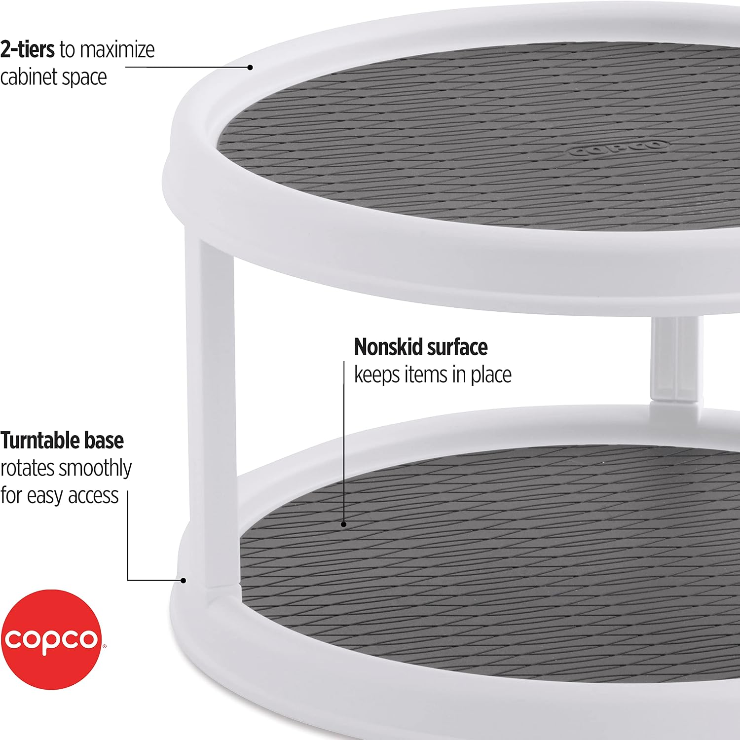 Copco Non-Skid Turntable, 2-Tier, 12-Inch, Durable & Easy Clean, White/Gray