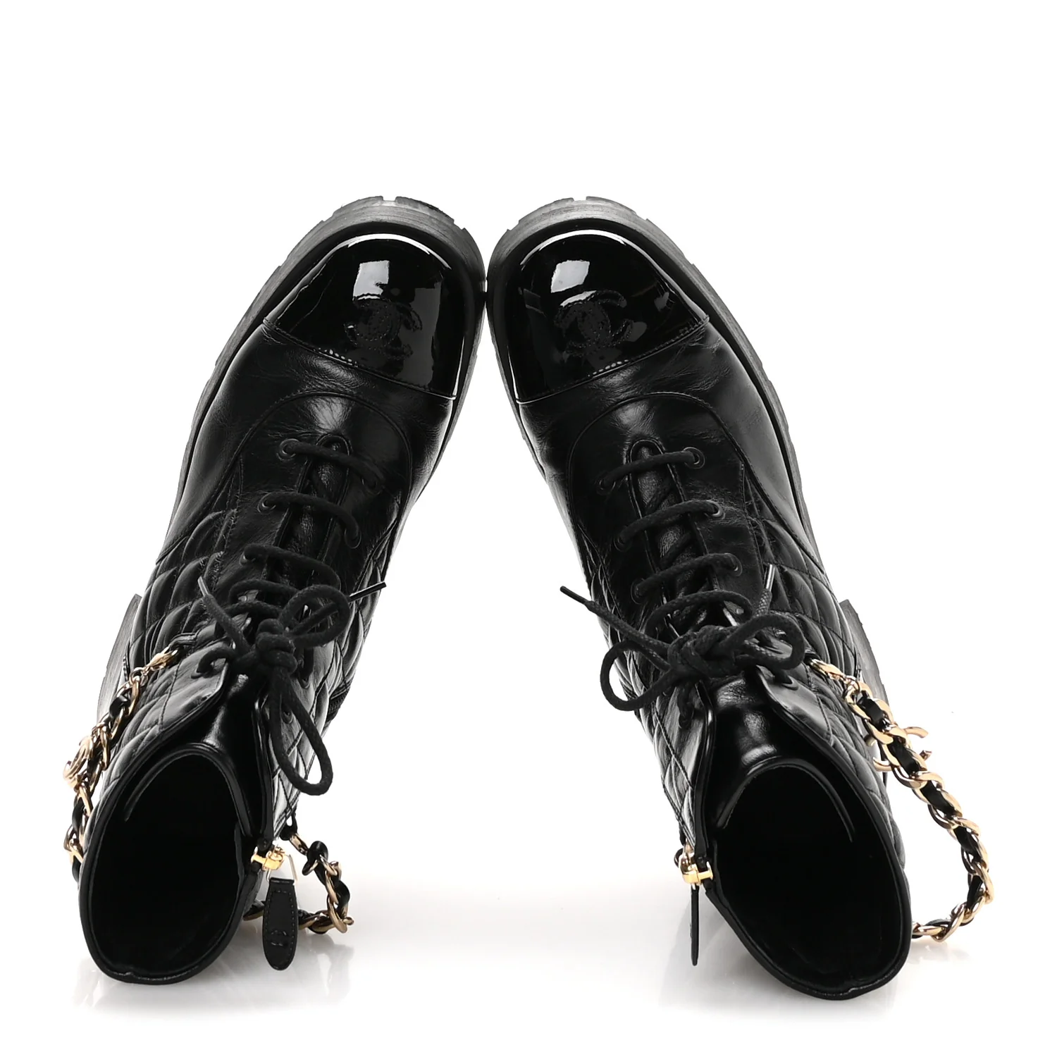 Shiny Calfskin Patent Quilted Chain Lace Up Combat Boots 40.5 Black