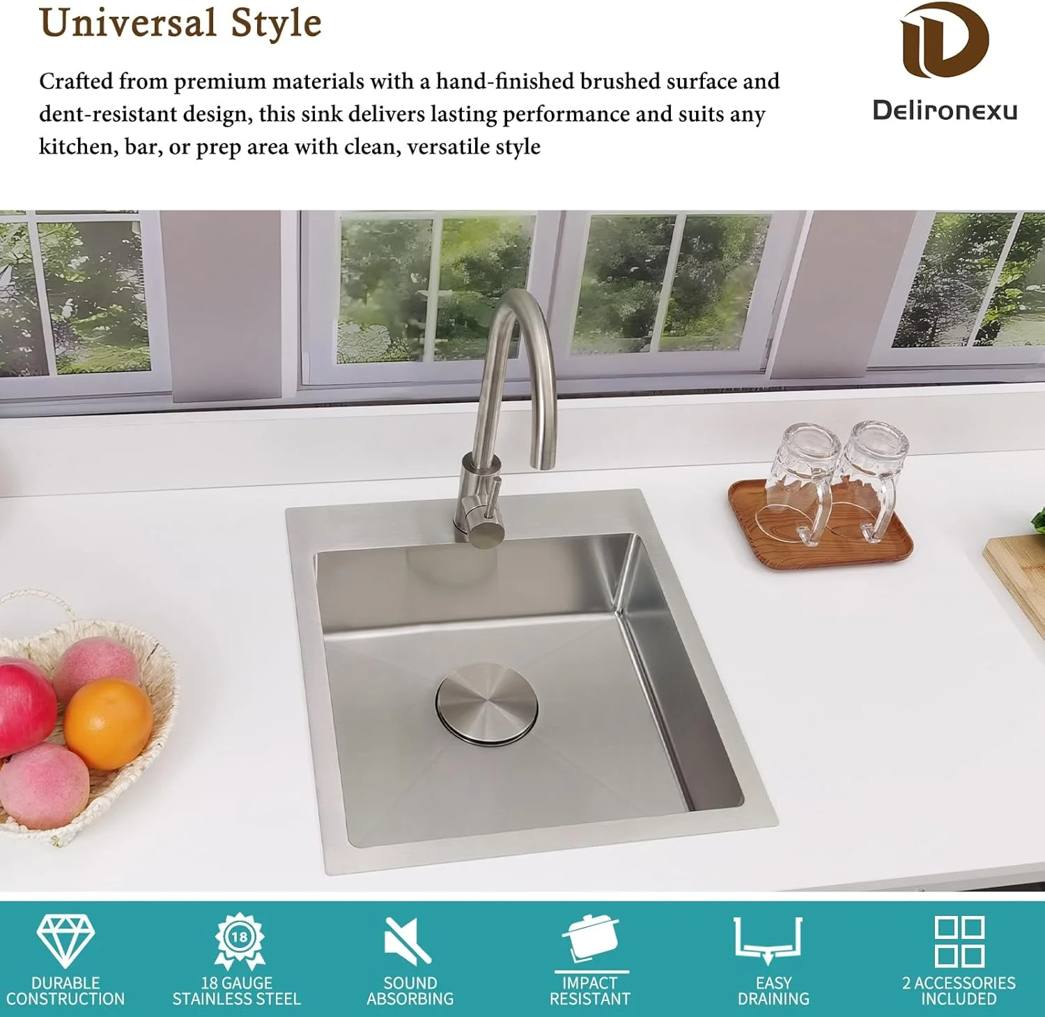 17 Inch Bar Sink Drop In �C Small Kitchen Sink, Modern 18 Gauge Stainless Steel sink with Brushed Finish, 17"x19"x6" Single Bowl kitchen Sinks for RV, Prep, and Outdoor Use - Image 2