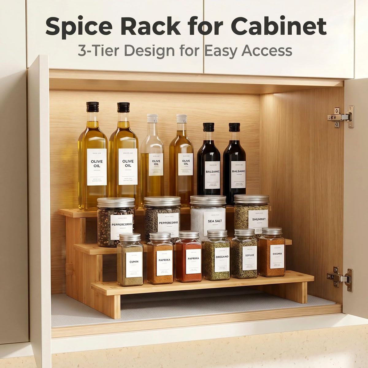 3-Tier Stepped Spice Rack Organizer for Cabinets, Countertop & Pantries