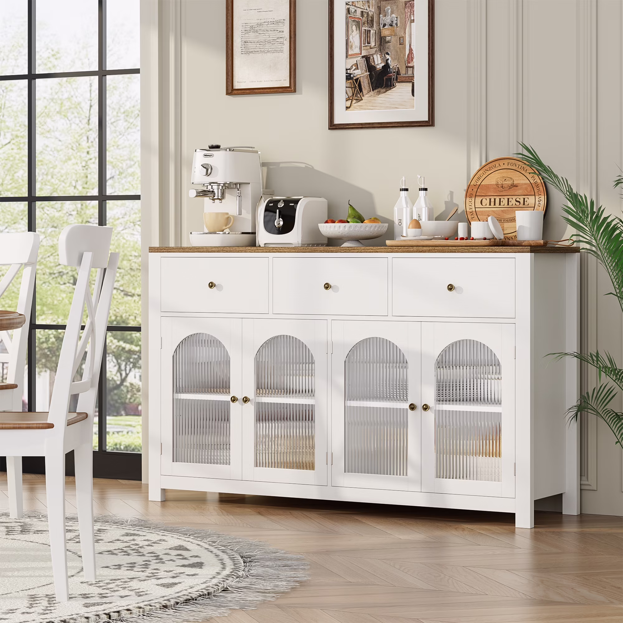 55'' Large Sideboard Buffet Cabinet, Kitchen Storage Cabinet with 3 Drawers and 4 Glass Doors, Wood Coffee Bar Cabinet for Living Room, White(White)