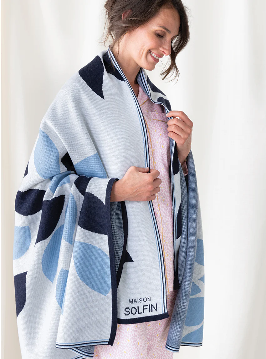 Plaid adulte en laine mérinos bleu