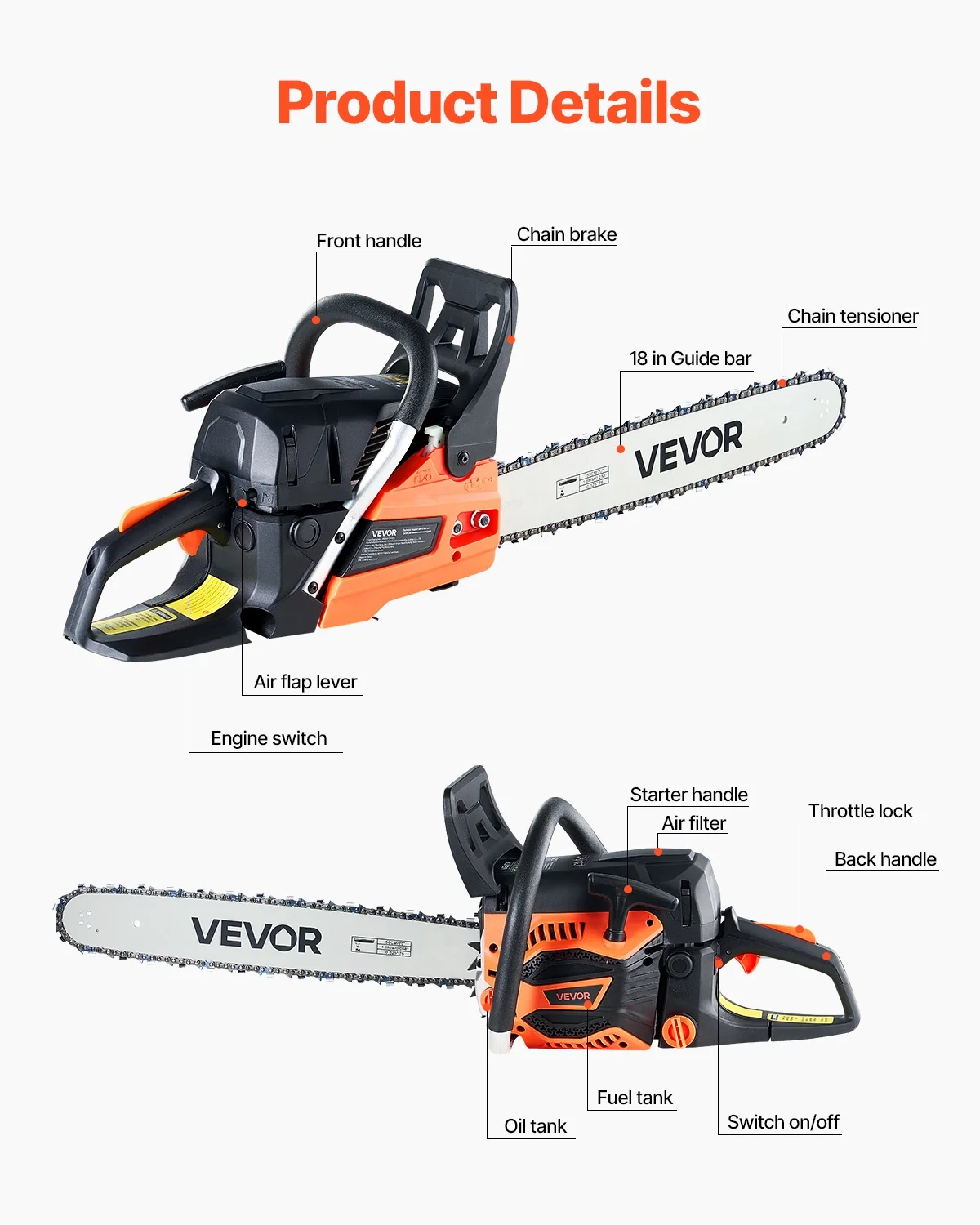Gas Chainsaw, 52CC 18" 2.55HP, Gasoline Powered Chain Saw, Handheld Cordless Petrol Chainsaws for Tree Wood Branch Cutting, Tree Trimming, Land Clearing, Farm Garden Ranch Forest Cutting Use - Image 3