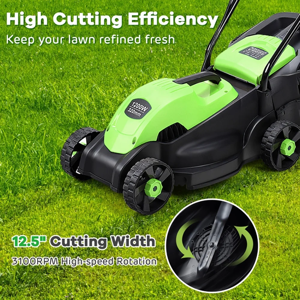 14 Inch Electric Push Lawn Mower with Grass Bag Corded Ergonomic Design Green(Green) - Image 4