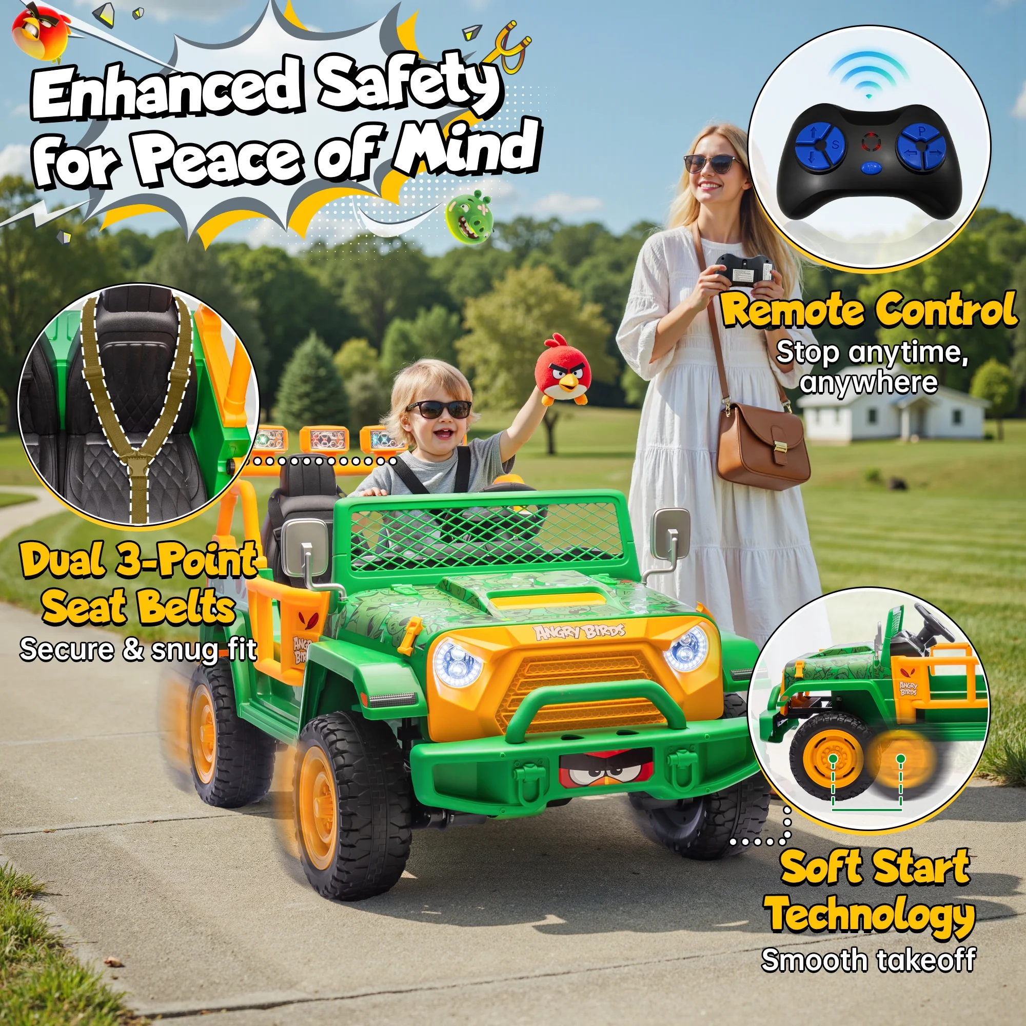 24 Volt Ride on Toys for Big Kids, Licensed Angry Birds Ride on Truck with Remote, 2 Seater 4WD Electric Ride ons with Shovel, Bluetooth, Lights, Power Car Wheels for 3-8, 130lbs, Green(Green) - Image 6