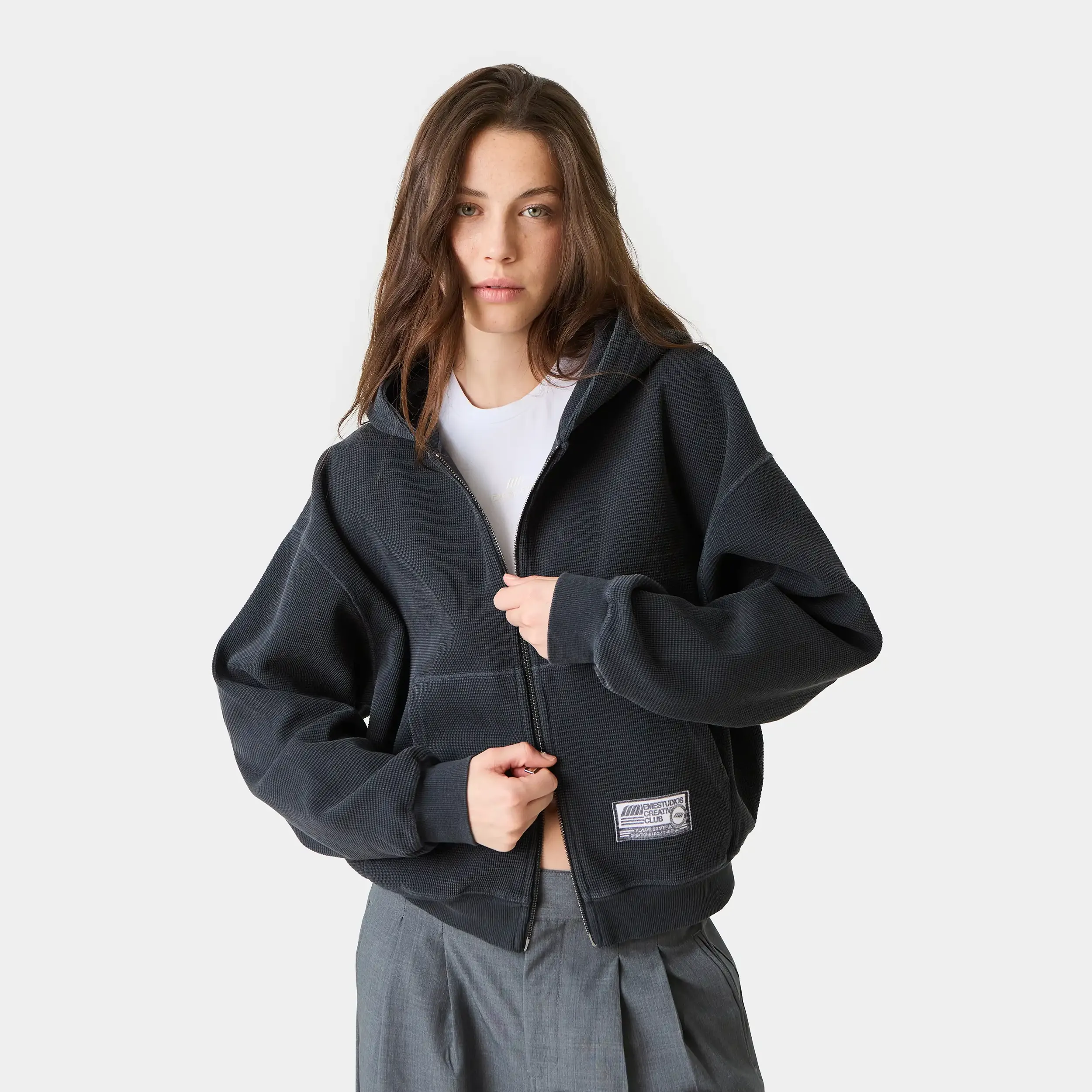 Waffle Navy Croped Boxy Full Zip