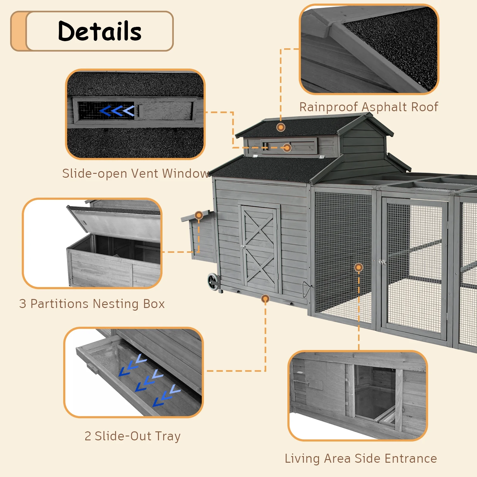 Chicken Coop for 6-10 Chickens, 112" Large Chicken Coops, with Chicken Run Nesting Box Secure Enclosure, Outdoor Wooden Hen House Hutch for Rabbit, Poultry Pet, Duck(Gray) - Image 5