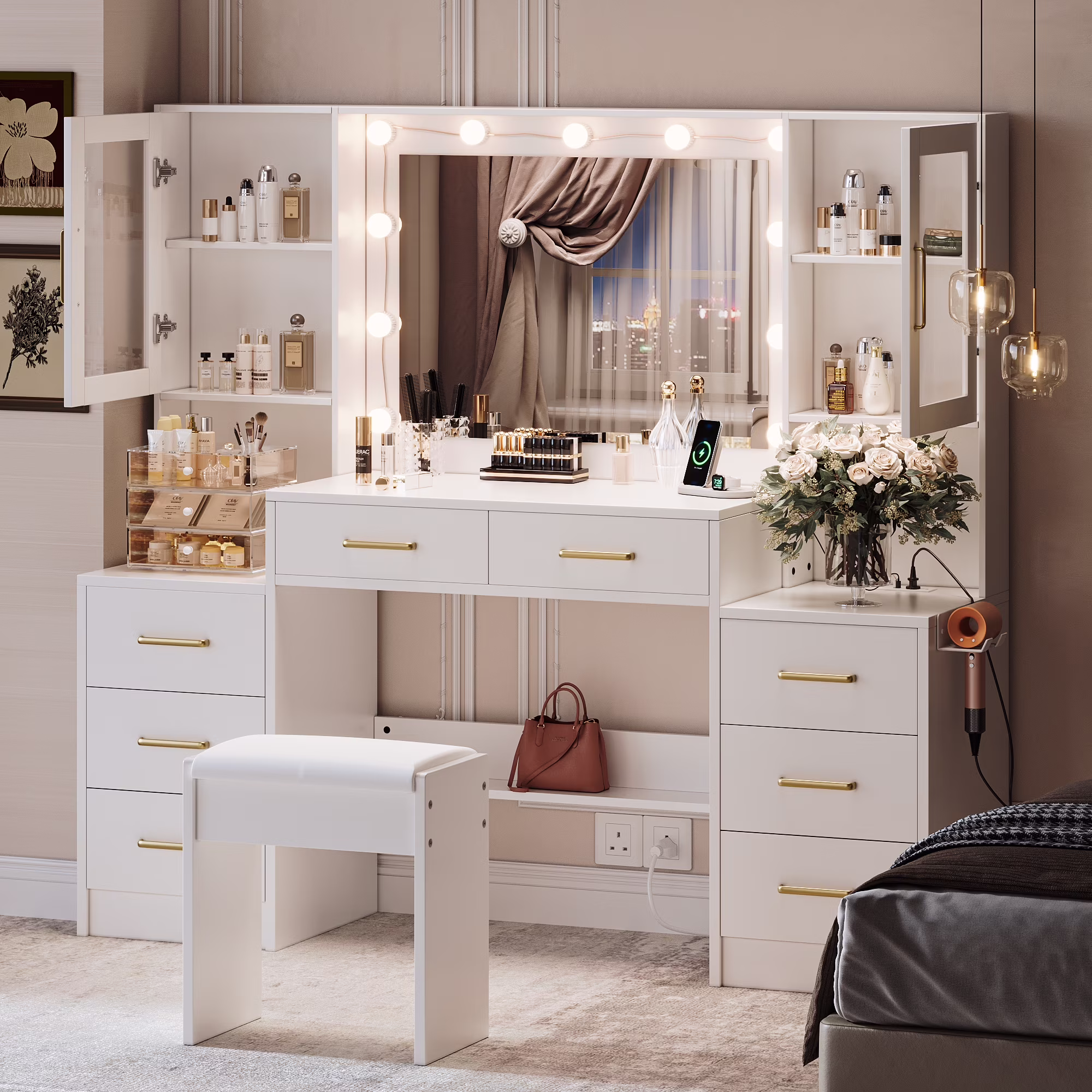 58 3" White Vanity Desk with Mirror, Adjustable Lighting, Power Outlet, Drawers, with Stool(58 3 Inch White)