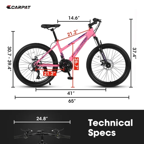 26" Mountain Bike for Women, 21 Speeds Mountain Bicycles with Dual Disc Brakes and 100mm Front Suspension, Pink(Gift)(Pink) - Image 4