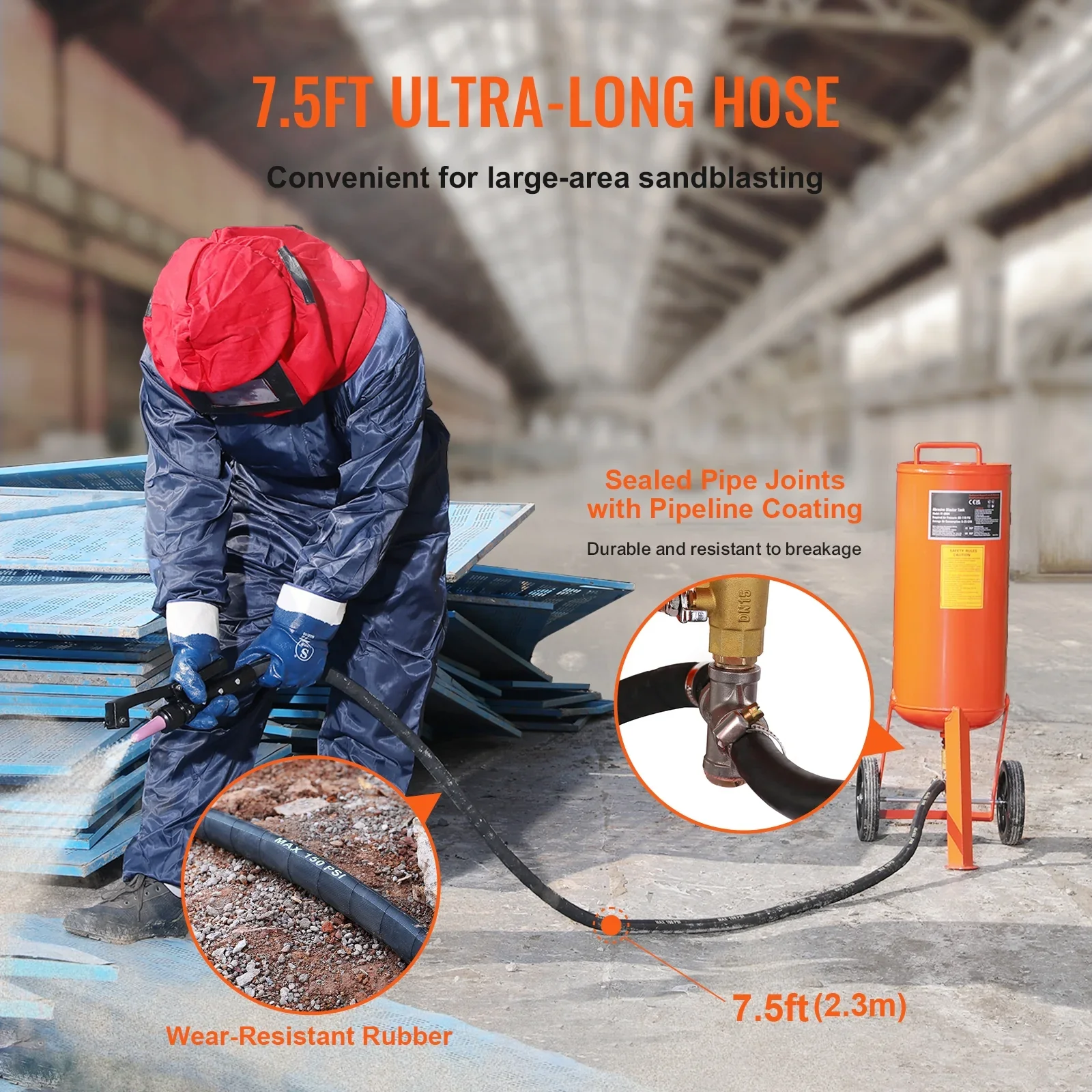 SKYSHALO 10 Gallon Durable Sand Blaster, 60-110 PSI Pressure Sandblaster, Mobile Abrasive Blasting Unit, Air Sand Blaster Kit with 2 Ceramic Nozzles & 7.5ft Hose for Removing Stain, Rust, Paint