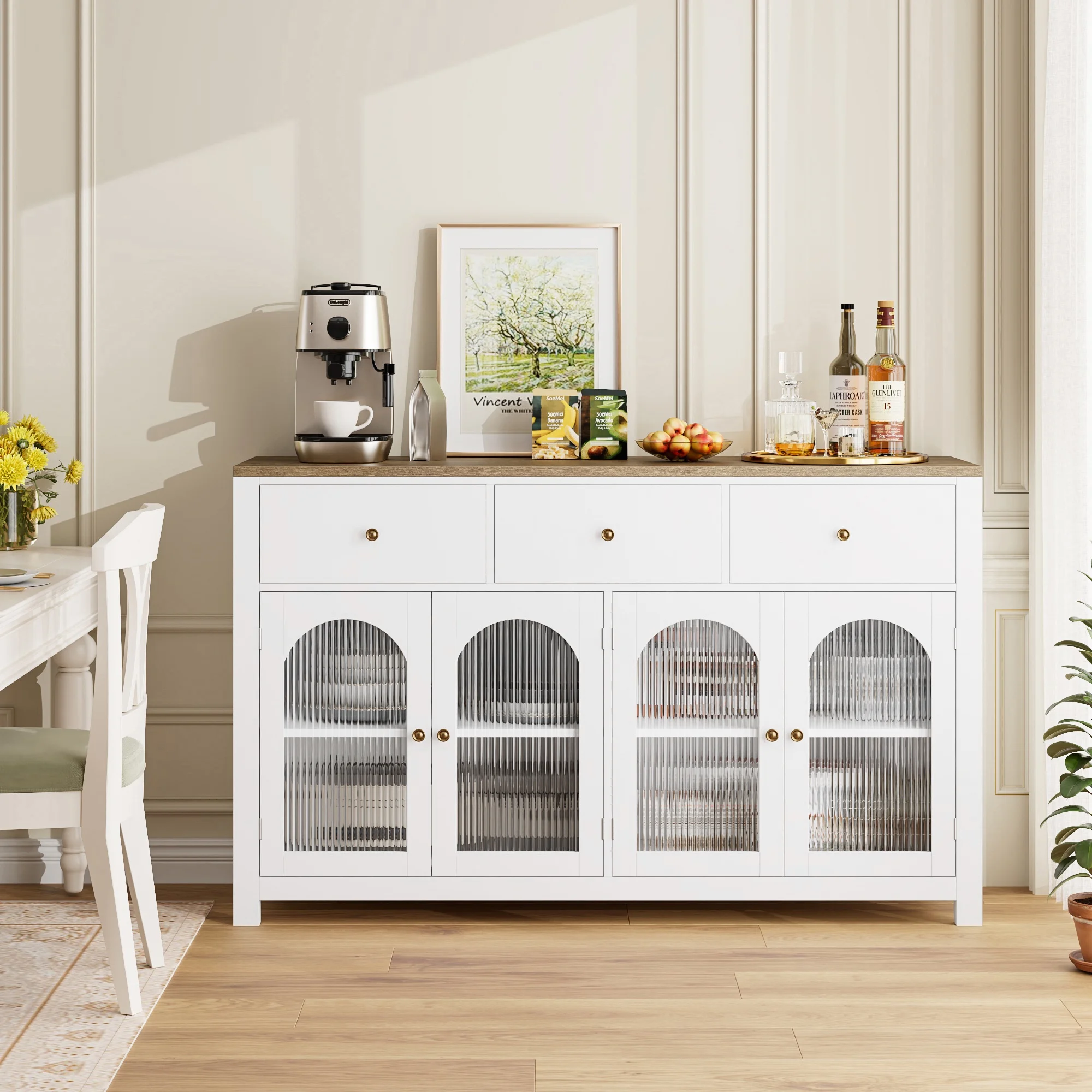 55'' Large Sideboard Buffet Cabinet, Kitchen Storage Cabinet with 3 Drawers and 4 Glass Doors, Wood Coffee Bar Cabinet for Living Room, White(White) - Image 6