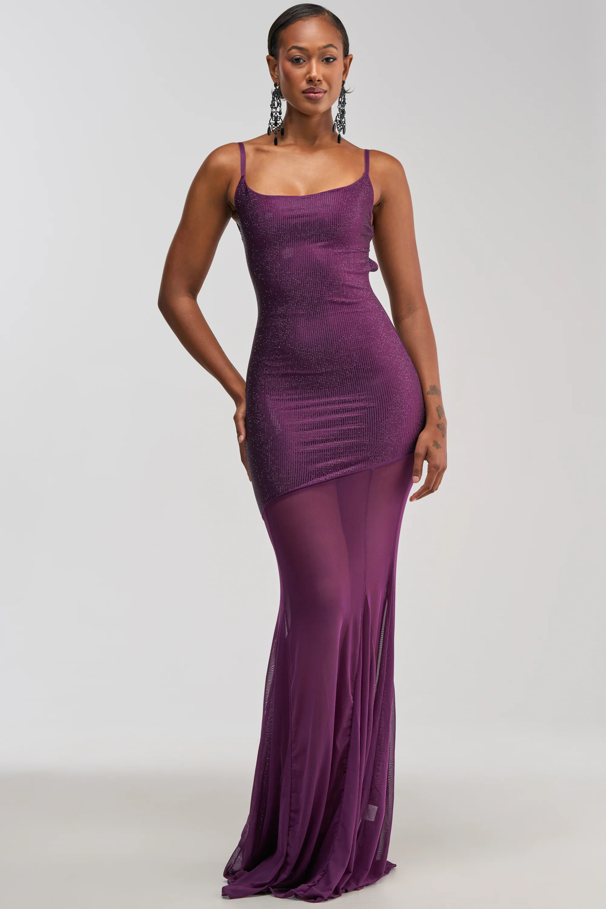 SHOW A LITTLE LEG RHINESTONE MAXI DRESS IN PLUM - Akira Store