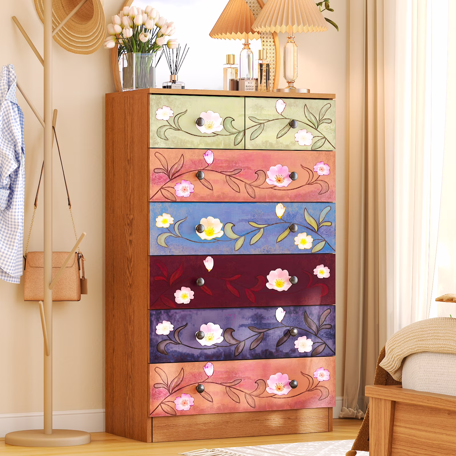 Wood 6 Drawer Dresser Organizer for Bedroom Storage Tower for Entryway Hallway Closet, Tall Chest Organizer Unit with Wood Bins, Floral Painted Wooden(Brown 5 Layer 6 Drawers) Image 3